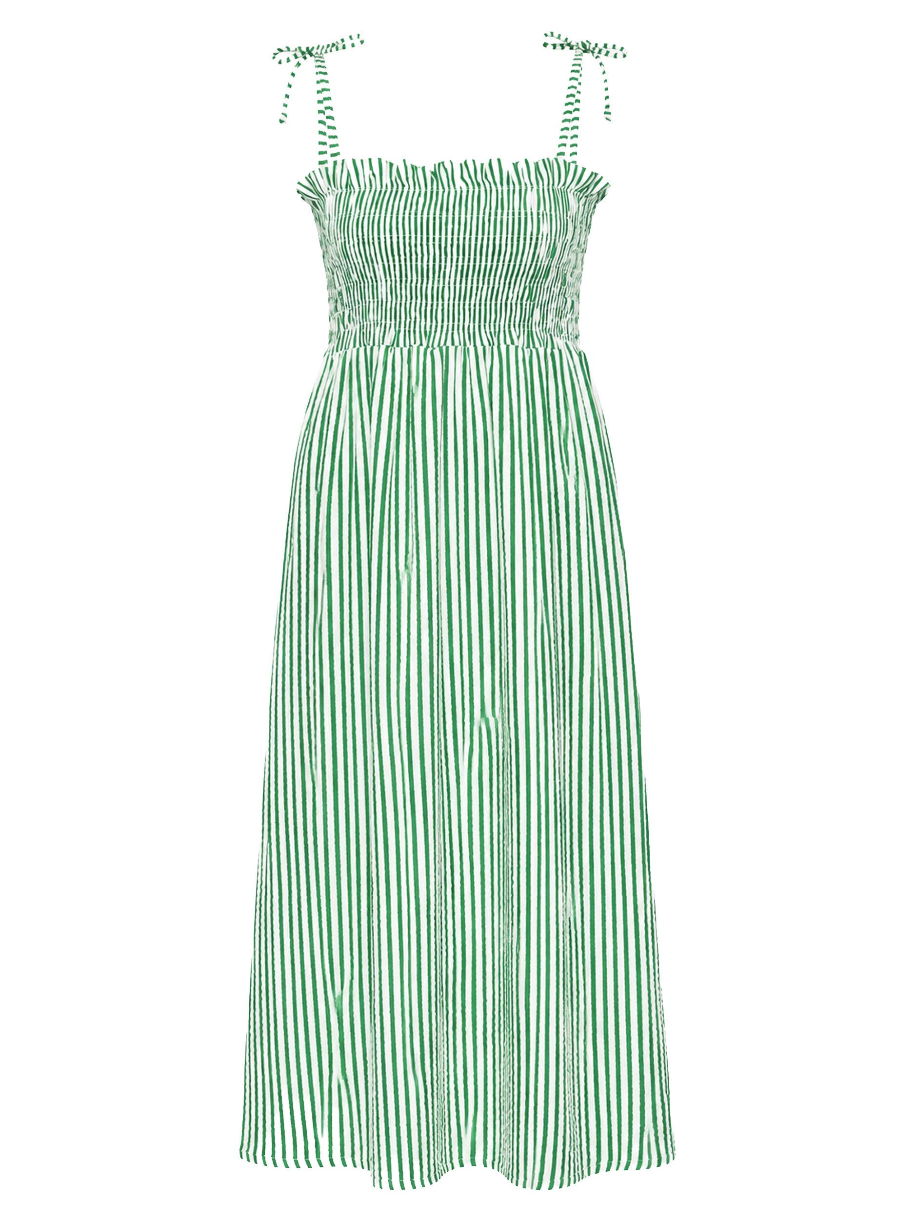 SASSYCLASSY Maxikleid Gestreiftes Maxi Musselin Kleid für Damen Leichtes Kleid mit gesmoktem Oberteil und verstellbaren Bindeträgern