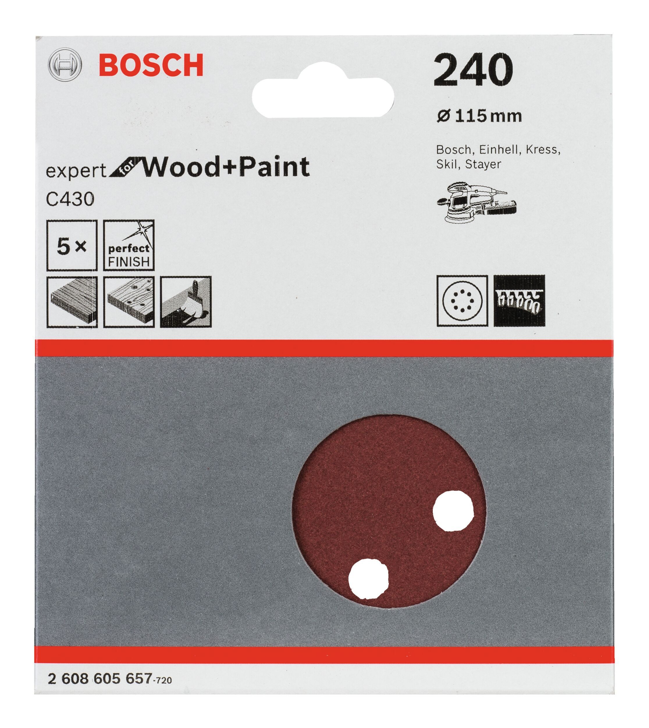 Thumbnail - BOSCH Schleifpapier, (5 Stück), C430 Schleifblatt Klett 8 Löcher K240 - 115 mm - 5er-Pack