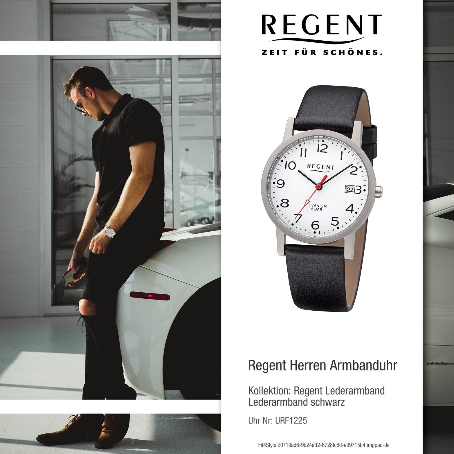34mm) rundes Leder Regent schwarz, Uhr Regent F-1225 Herren Quarzuhr (ca. Lederarmband mittel Herrenuhr Analog, Gehäuse,