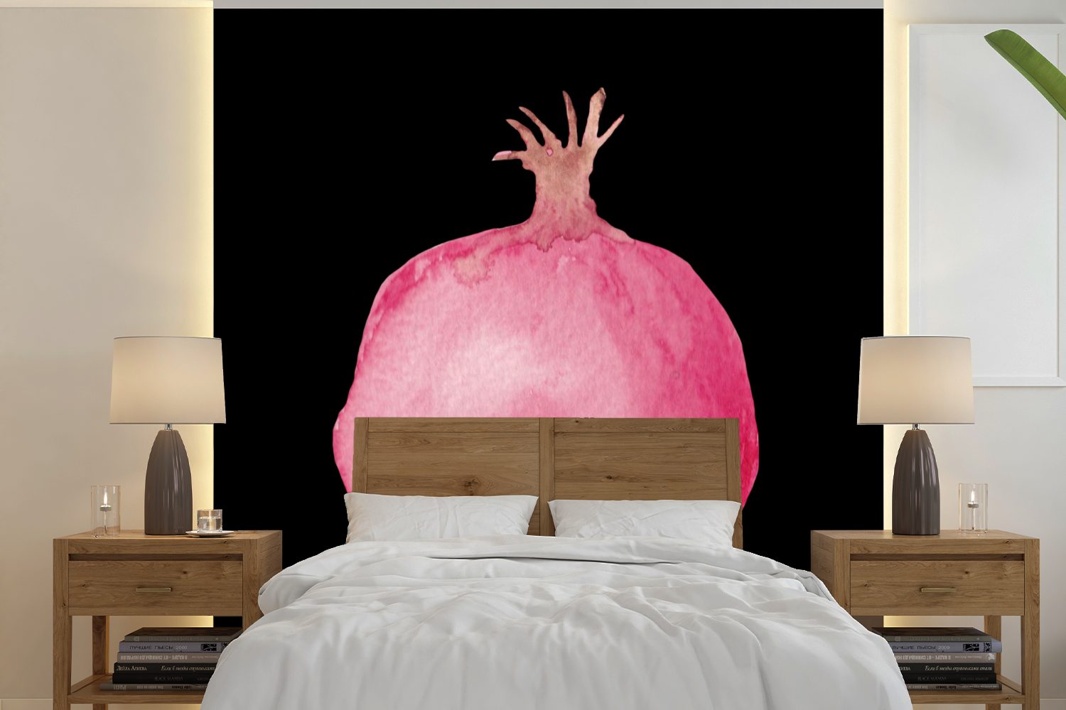 MuchoWow Fototapete Granatapfel - Rosa - Schwarz, Matt, bedruckt, (5 St), Vinyl Tapete für Wohnzimmer oder Schlafzimmer, Wandtapete