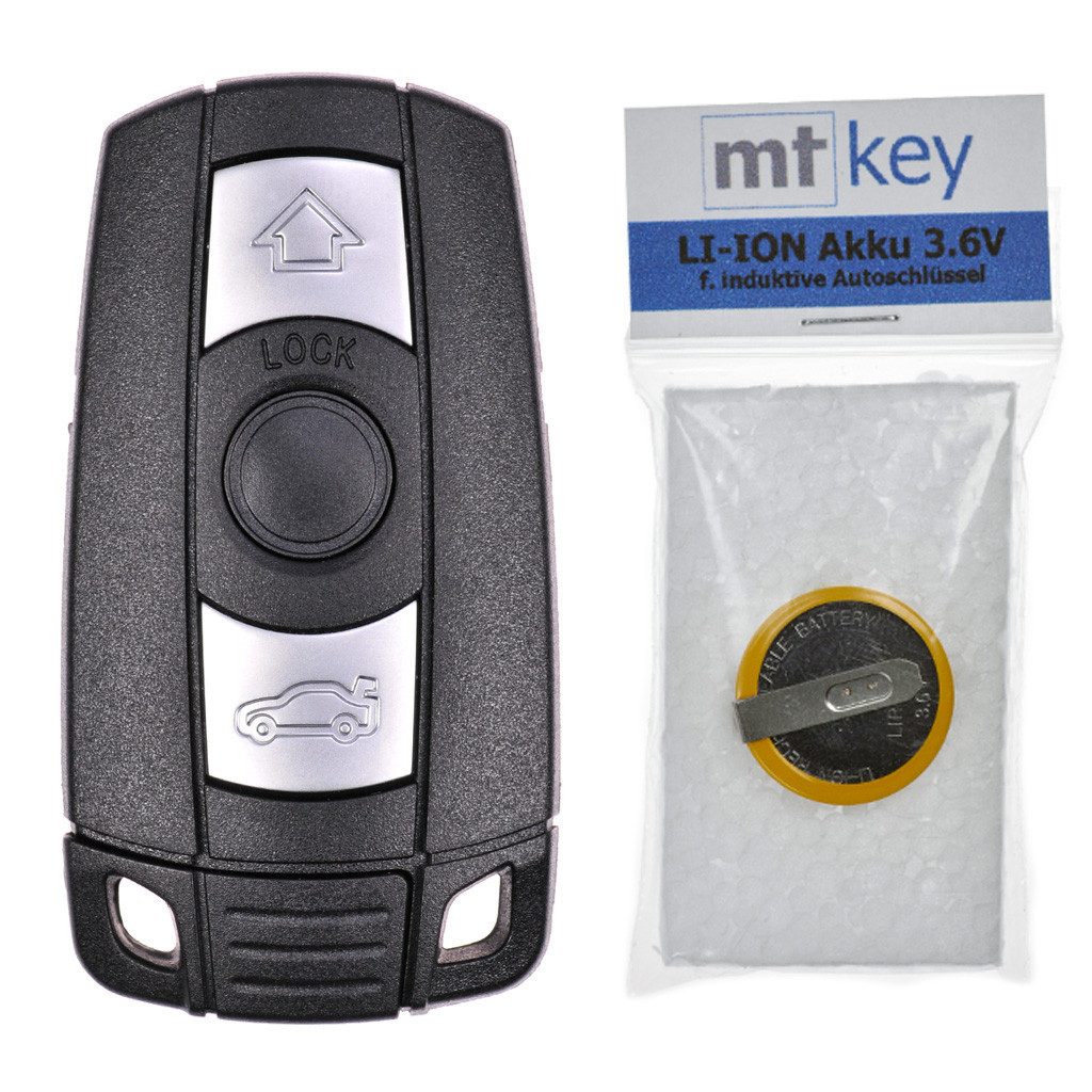 mt-key Auto Schlüssel Smartkey Gehäuse 3 Tasten + Notschlüssel + LIR2025 Knopfzelle, LIR2025 (3,6 V), für BMW E60 E90 E53 E87 E88 E81 E63 E61 E91 Funk Fernbedienung