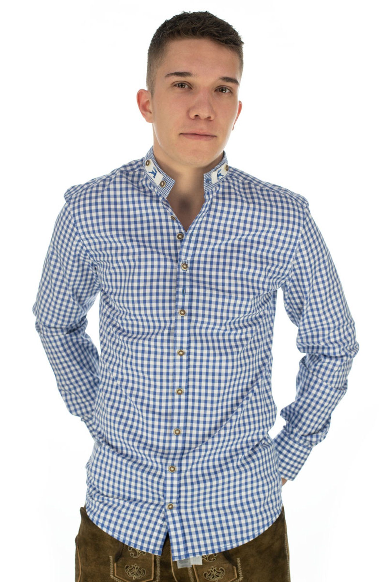 OS-Trachten Trachtenhemd Prabu Langarmhemd mit Stehkragen mit Riegel mittelblau | Trachtenhemden