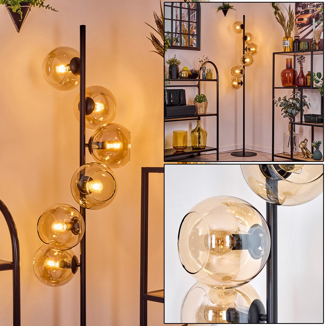 Stehlampe Stehlampe aus Metall/Glas in Schwarz/Bernstein, Retro/Vintage-Design