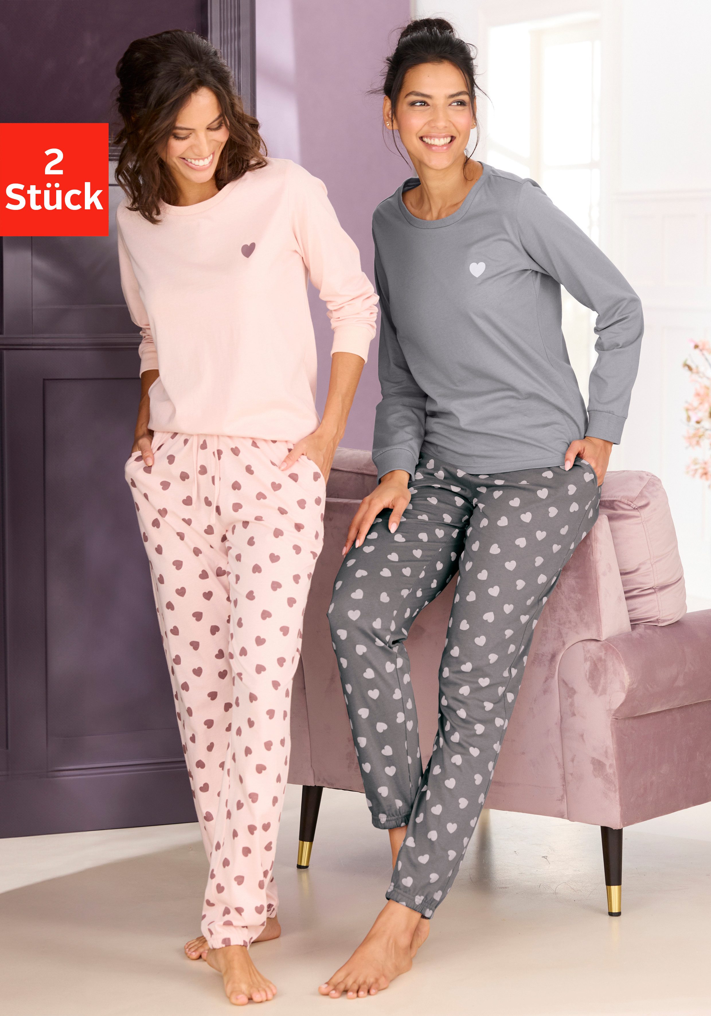 Vivance Dreams Pyjama (Spar-Set, 4 tlg., 2 Stück) mit süßem Herzmuster