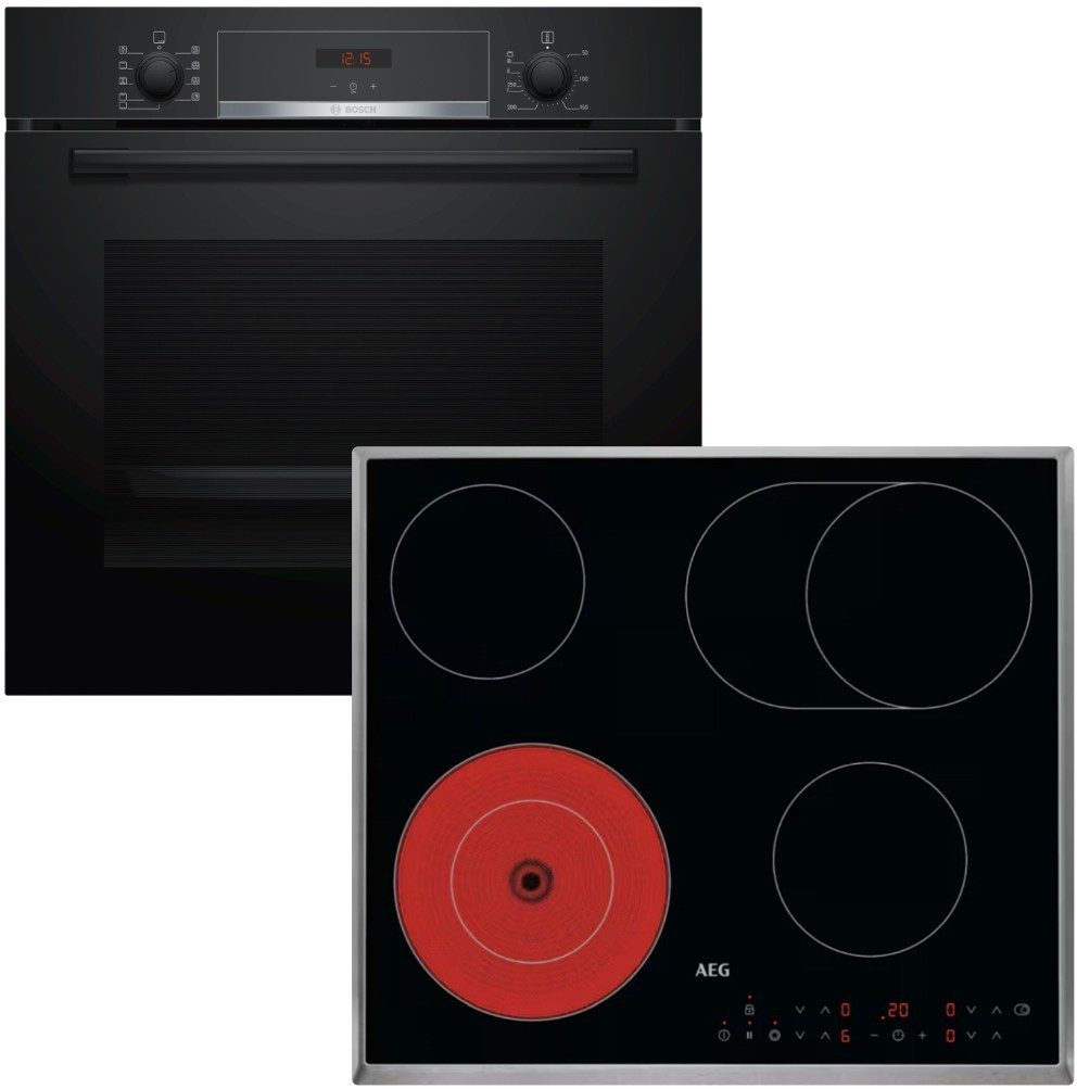 BOSCH Elektro-Herd-Set Teleskopauszug 71 Liter Pizzafunktion AEG Kochfeld 60 cm Glaskeramik, mit 1-fach Teilauszug, Hydrolyse EcoClean Direct