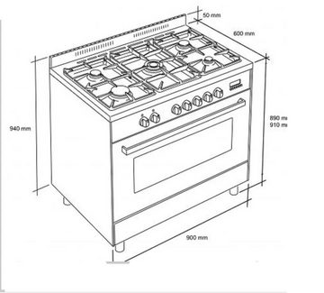 GURARI Gas-Standherd GCH E 911 BL +GCH T 466 90 BL Prime, mit 1-fach-Teleskopauszug, Gas Elektro Standherd 90 cm/ 121L+Dunstabzugshaube 90 cm