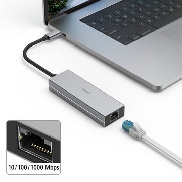 Hama USB-C Hub Multiport, 2x USB-A, USB-C, LAN/Ethernet, Notebook Laptop USB-Adapter USB-C zu RJ-45 (Ethernet), USB Typ A, USB-C