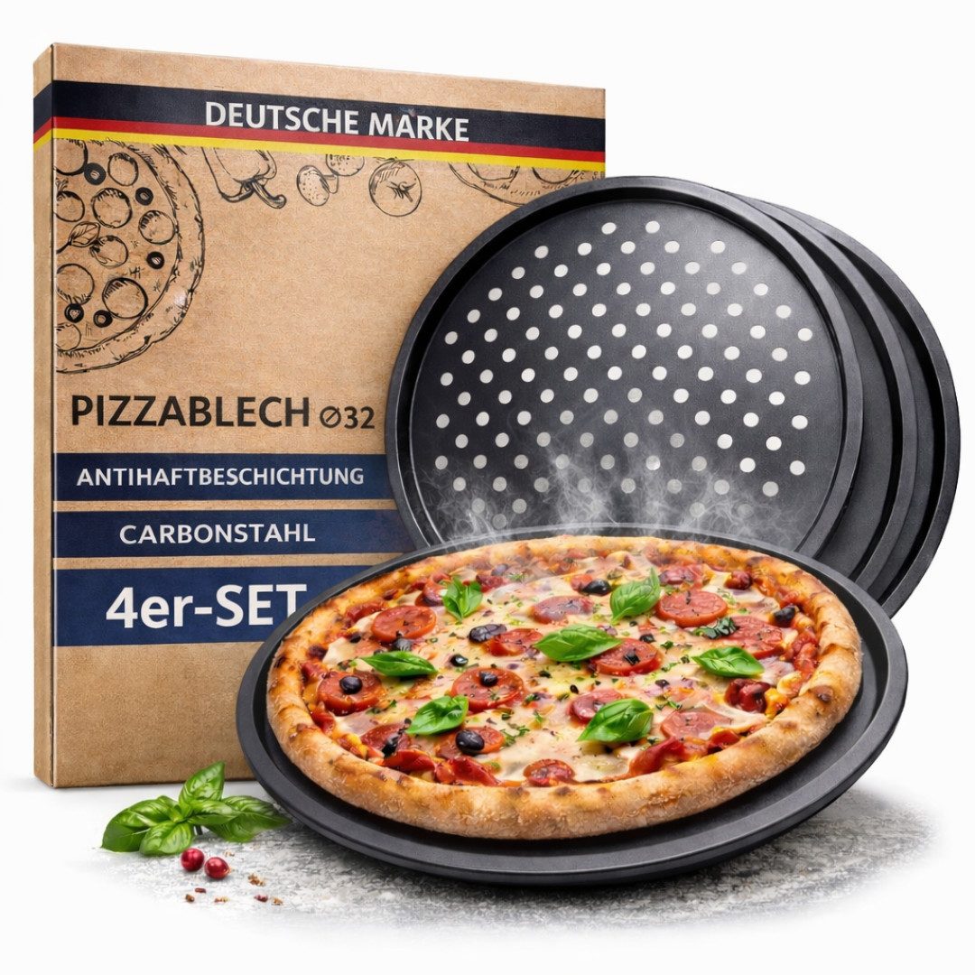 Topanbieter999 Pizzablech Pizza Backblech gelocht, Carbonstahl, (4-St), Antihaftbeschichtet, gleichmäßige Hitzeverteilung