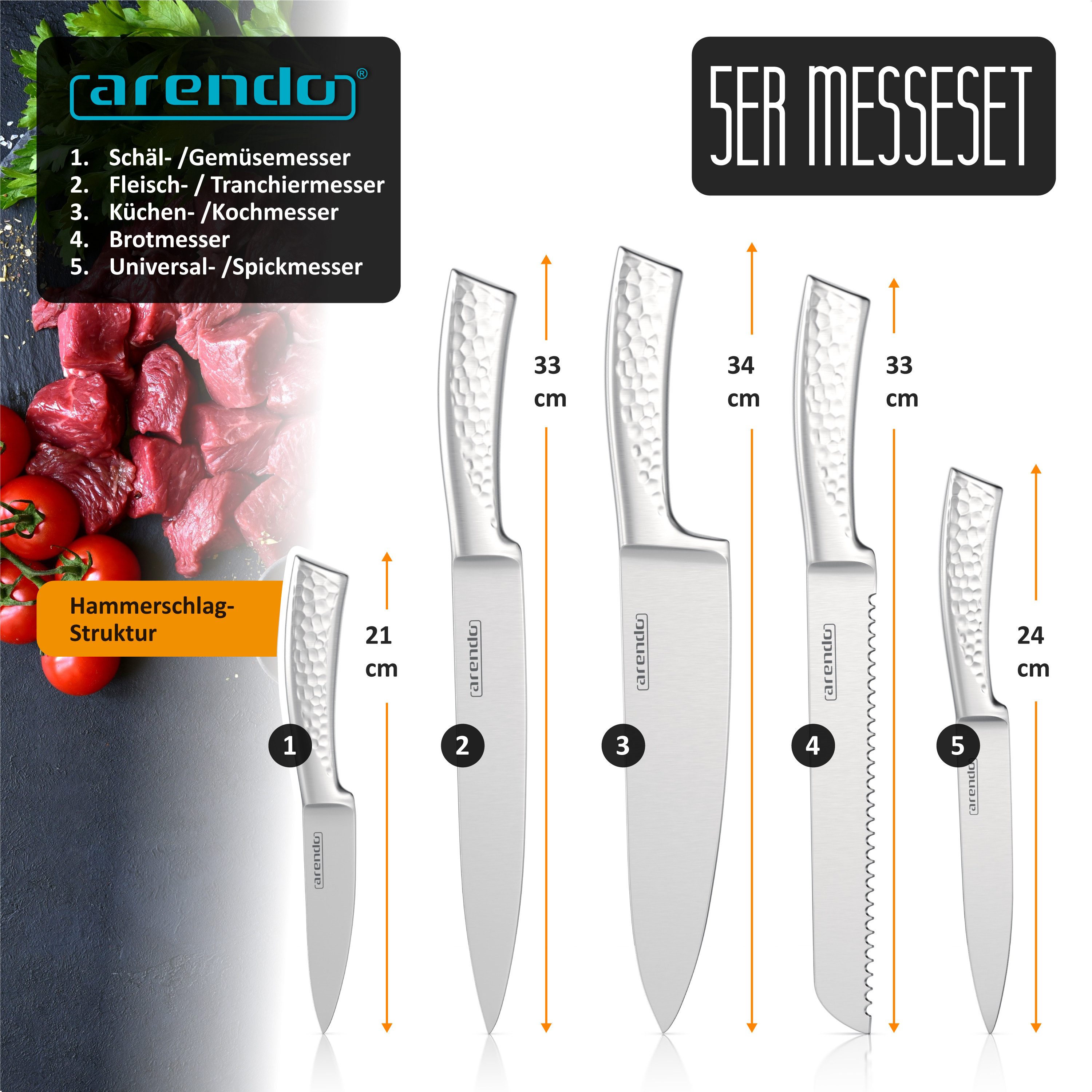 Arendo Messerblock 5-teilig mit Messern aus Edelstahl, Holzblock, ergonomische Griffe (6tlg), präzisionsgeschliffene Klingen, spülmaschinenfest, rostfrei