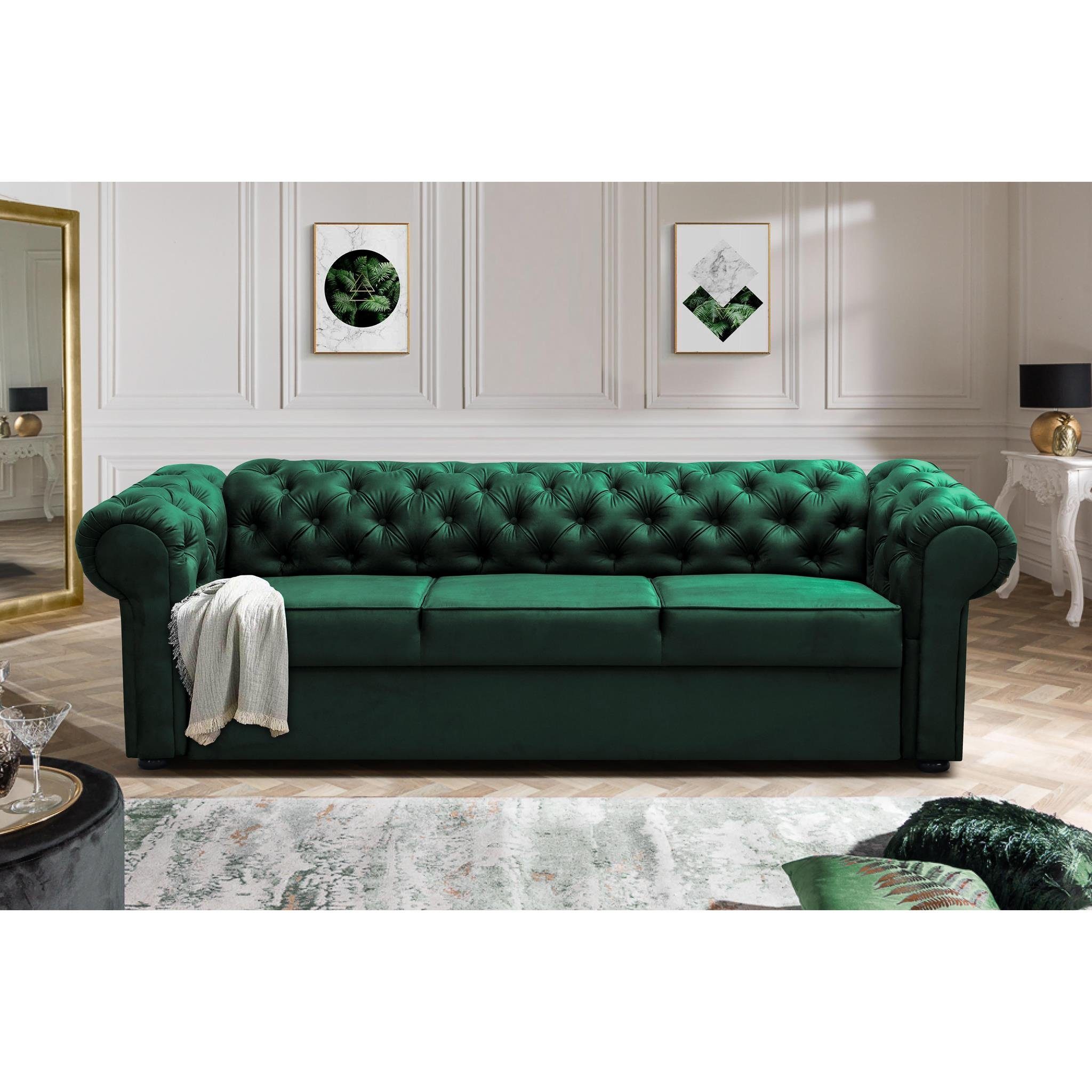 Beautysofa 3-Sitzer Chester, Sofa mit Steppung, Dreisitzer Sofa aus Velours, mit Relaxfunktion Flasches Grün (kronos 19)