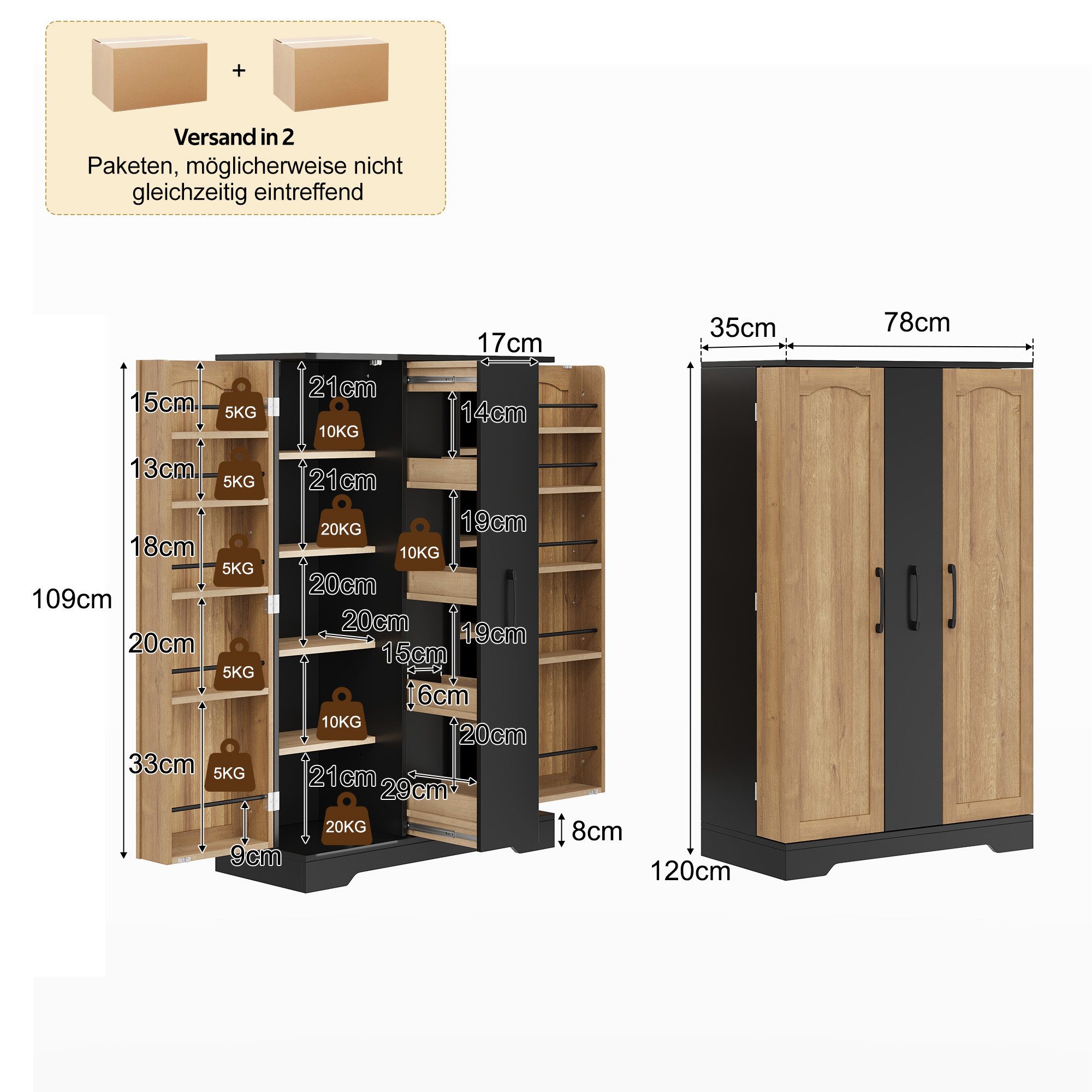 Celya Küchenbuffet Küchenschrank Doppeltürschrank mit 4-stufigem Vertikalauszug (mit Gewürzregal, verstellbaren Regalböden und modernem Design)