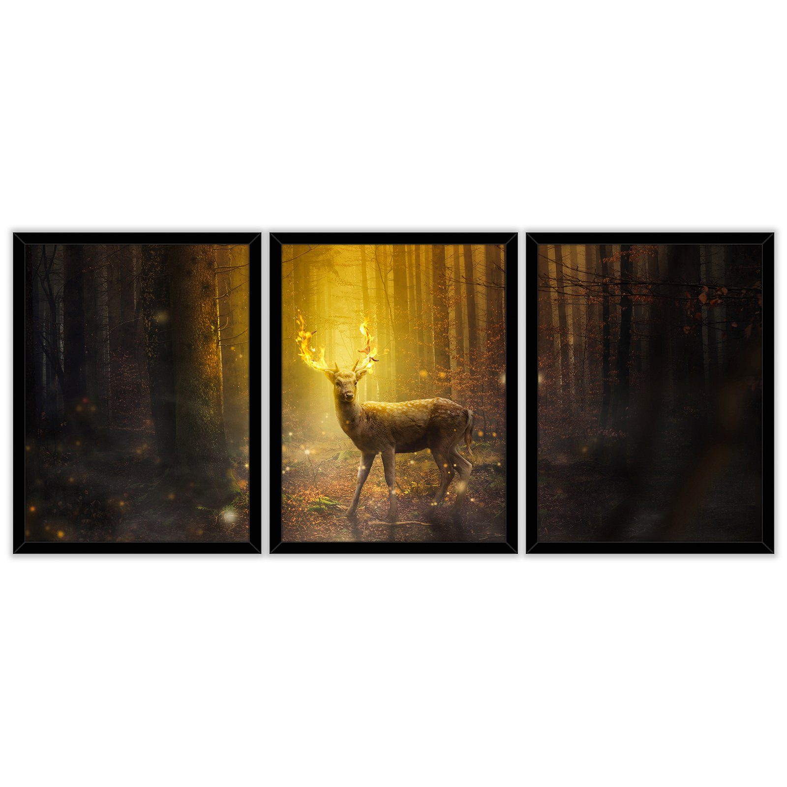 (3er, im 30x40 Bilder Mit St), cm Rahmen Wohnzimmer, 3 3er Hirsche Wallarena 3 Kunstdruck x Poster Wald Teilig Wandbilder Wandbild 3 Set SET