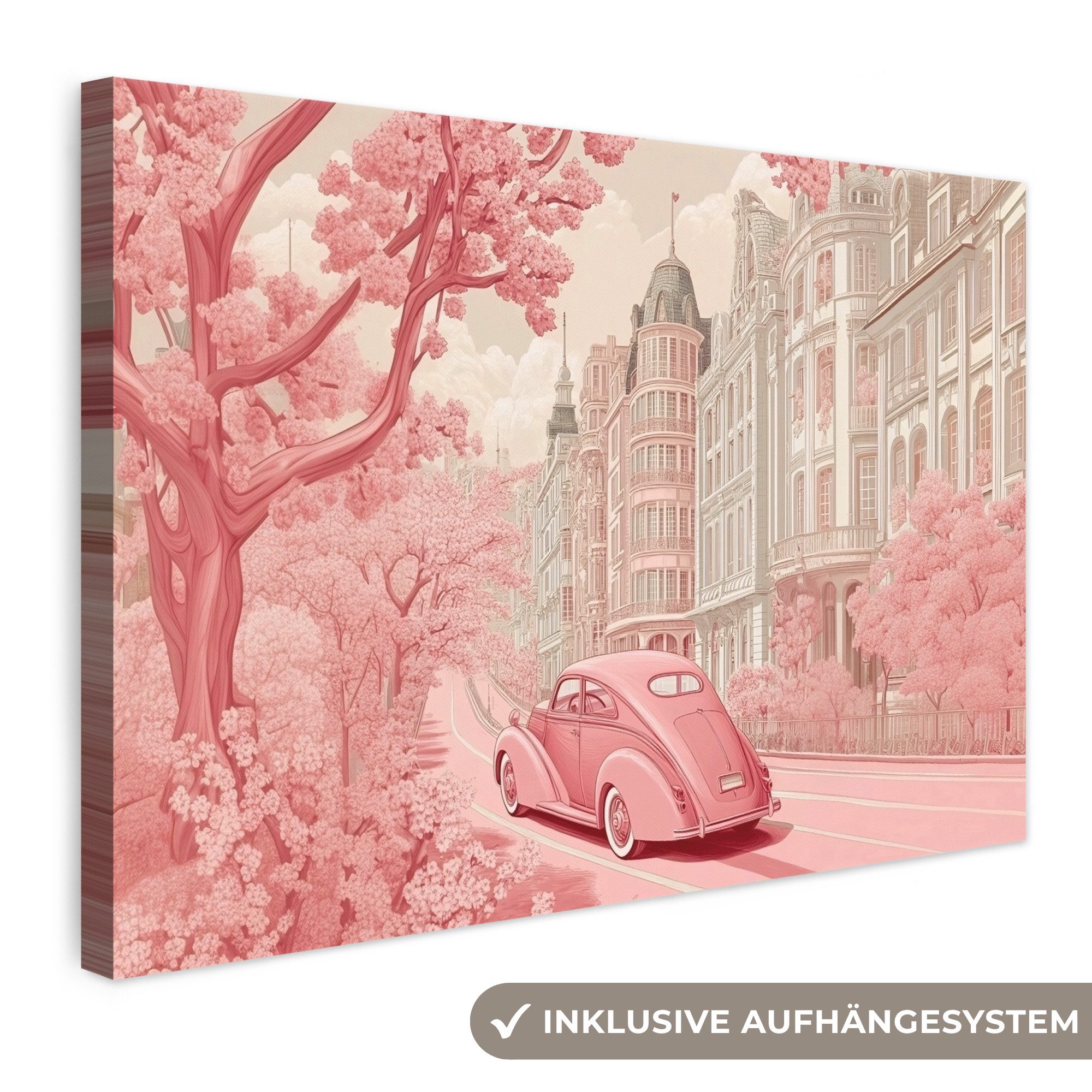 OneMillionCanvasses® Leinwandbild Stadt - Auto - Rosa, Fotodruck (1 St), Leinwand Bilder Klein, Wand Dekoration Aesthetic 30x20 cm