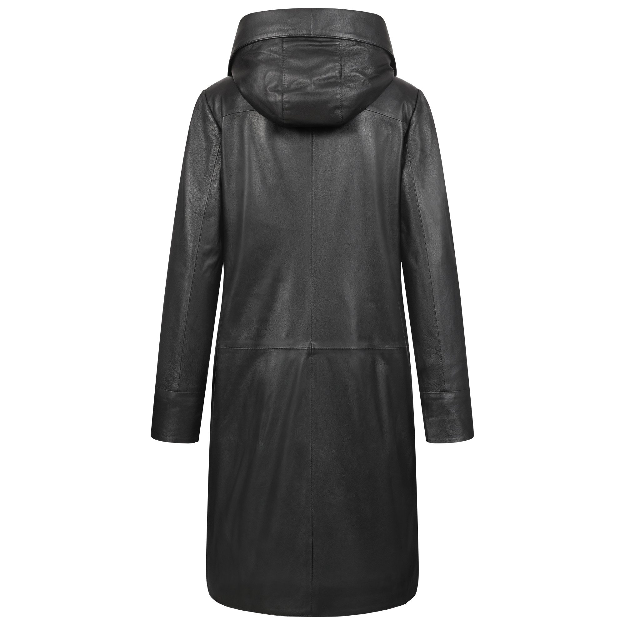 Mouflon Lederjacke Alina Echtleder-Mantel in moderner Long-Optik mit Kapuze.