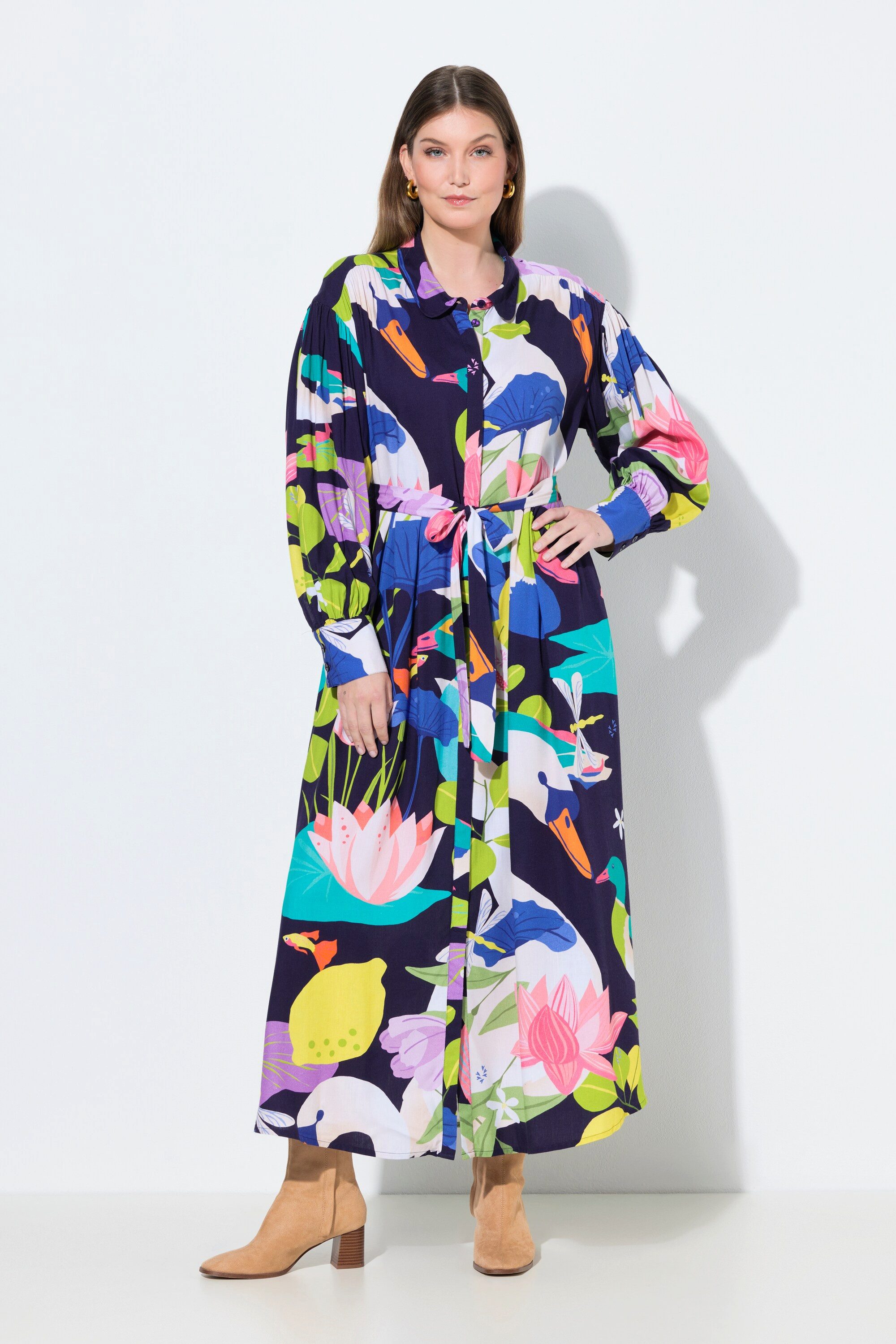 Ulla Popken Maxikleid Maxikleid Landhausdruck Hemdkragen Ballon-Langarm