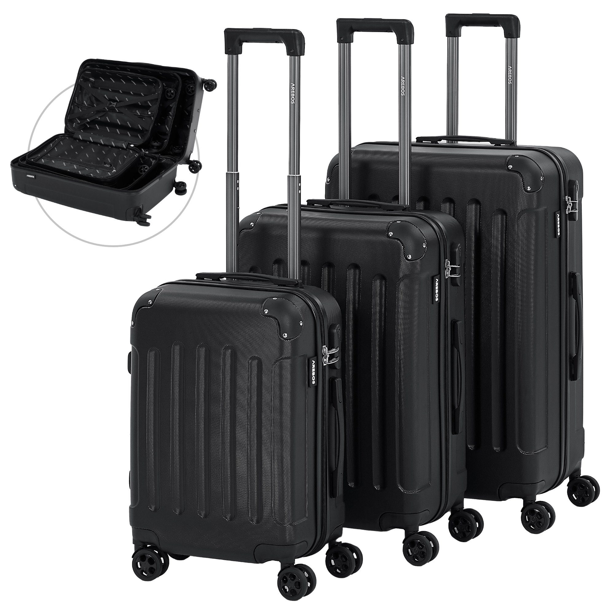 Arebos Koffer Reisekoffer 3er Set Hartschalen Koffer Trolley M-L-XL-Set, 4 Rollen