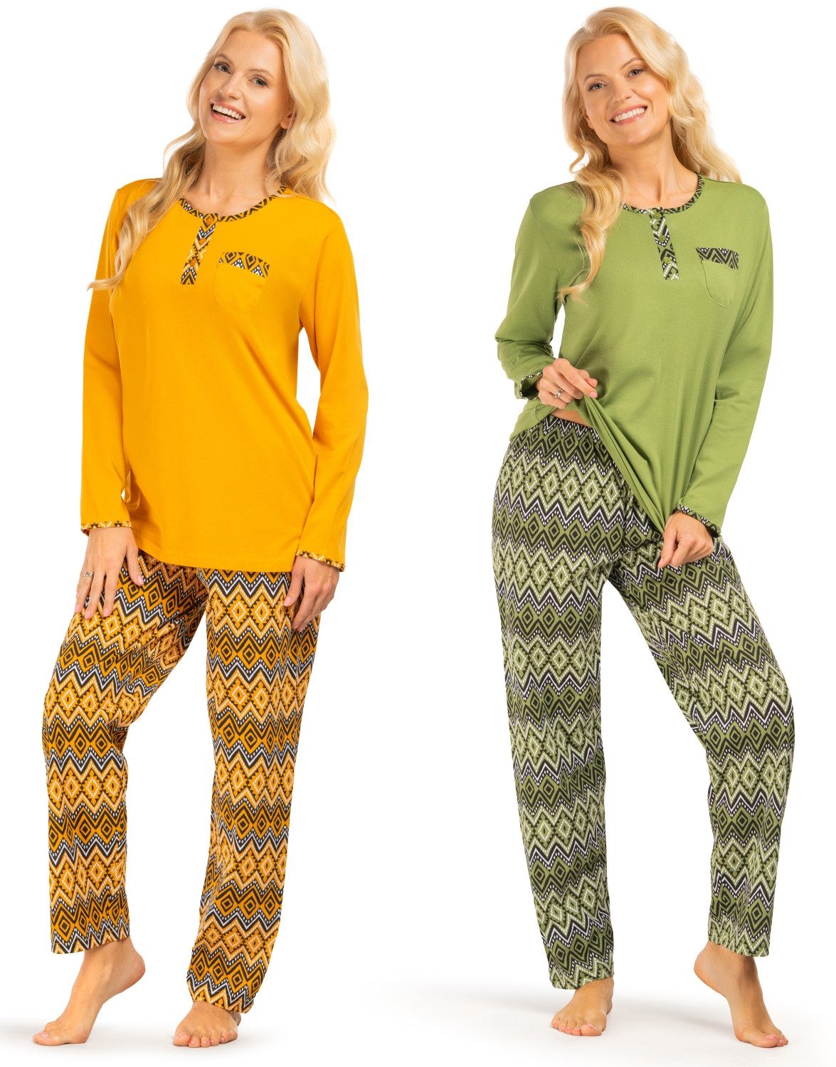 Consult-Tex Pyjama Damen 2er Pack Langarm Pyjama Schlafanzug mit Knopfleiste,Baumwolle (Spar-Set, 2 Stück) aus reiner Baumwolle-Jerse Qualität