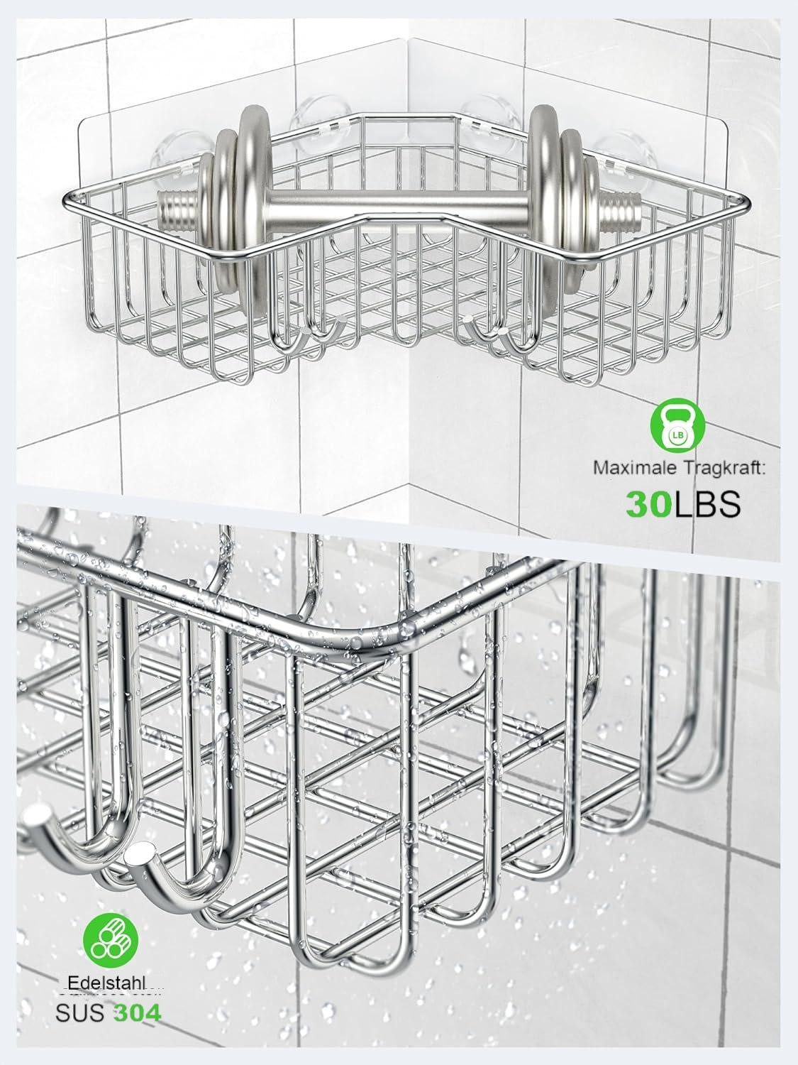 Refined Living Duschregal Eck-Duschregal 2er-Pack mit 8 Haken, Ohne Bohren, Edelstahl Duschkorb, Badezimmerregal, Platzsparendes L-förmiges Design, Einfache Installation, Maximierte Stauraumnutzung, Badezimmer Regal Organizer, Wasserdicht 2-tlg., für Badezimmer, Küchen,Schränke zur Aufbewahrung von Badaccessoires