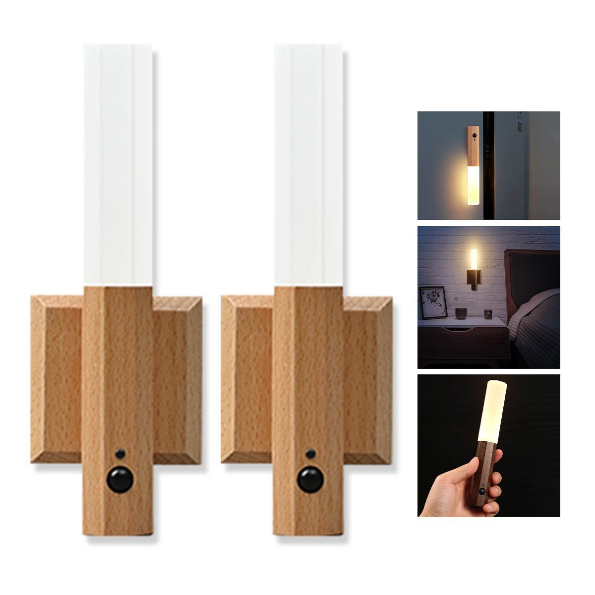 Welikera Wandleuchte 2 Stück Echtholz Smart Bewegungssensor Licht,Vielseitige Wandlampe Weiß gewachstes Holz