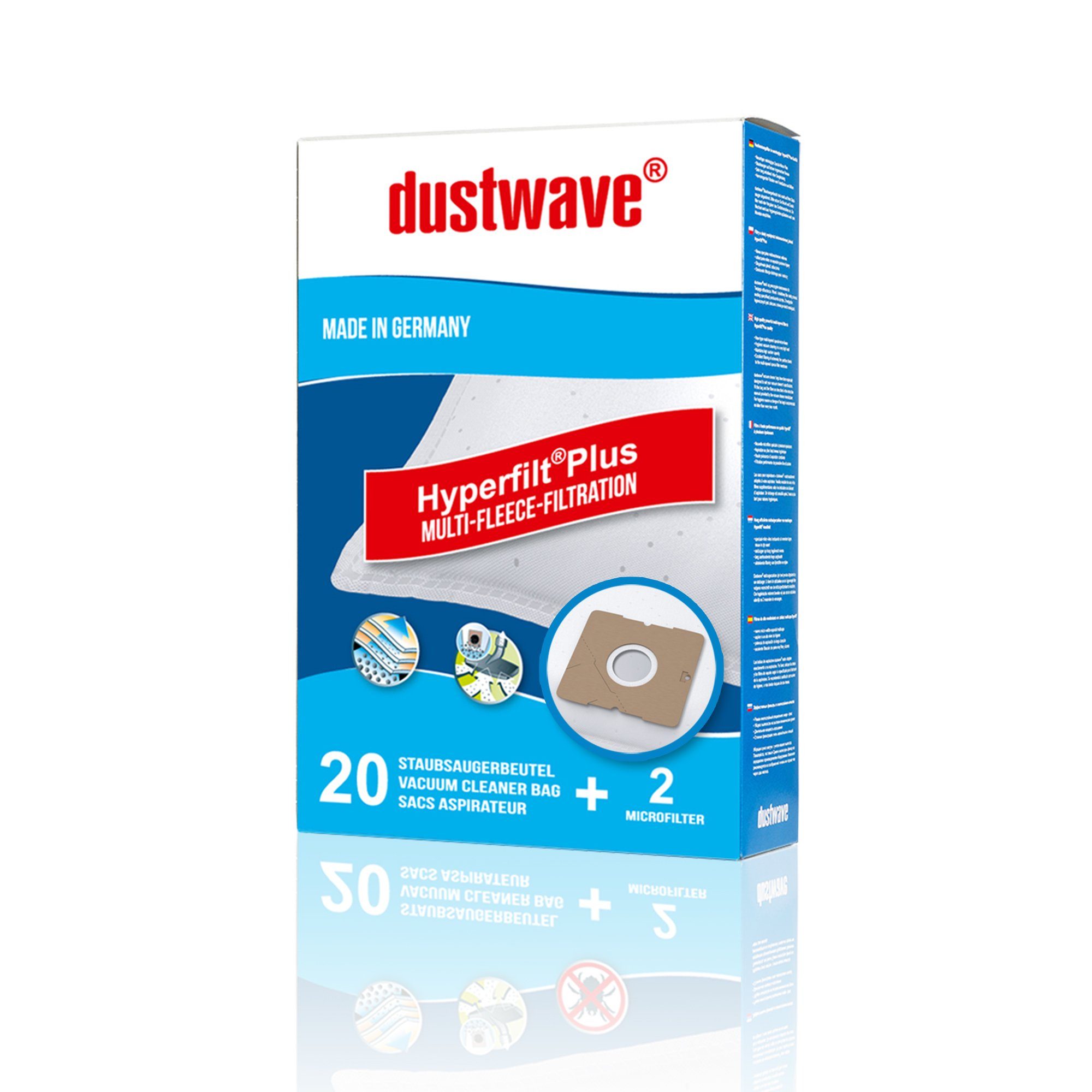 Dustwave Staubsaugerbeutel Megapack, passend für Aldi DIV 350 / DIV350, 20 St., Megapack, 20 Staubsaugerbeutel + 2 Hepa-Filter (ca. 15x15cm - zuschneidbar) Aldi DIV 350 / DIV350 - Premium