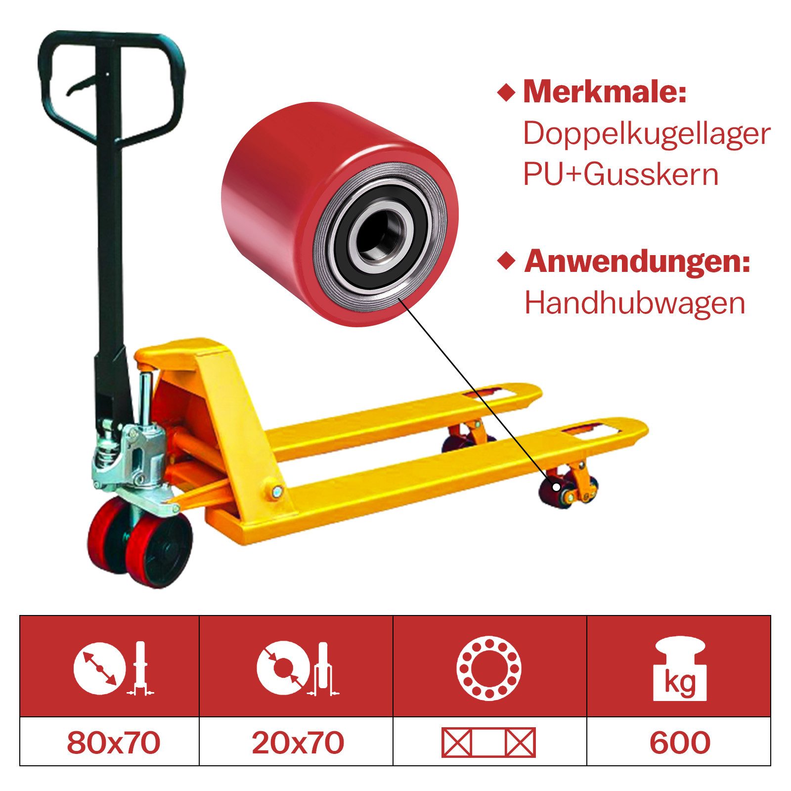 XERSEK Hubwagen 4 Stück Hubwagenrollen Polyurethan 80 x 70 mm, Achse 20 mm inkl. Kugellager für Hubwagen Ersatzrollen