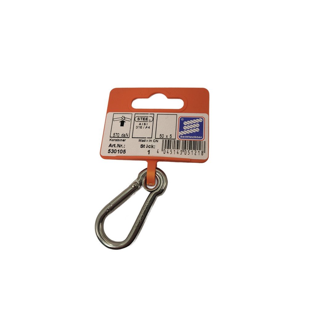 Seilflechter Öse Karabiner 50x5mm Birnenform geschlossen, A4 RVS AISI 316, 570 daN