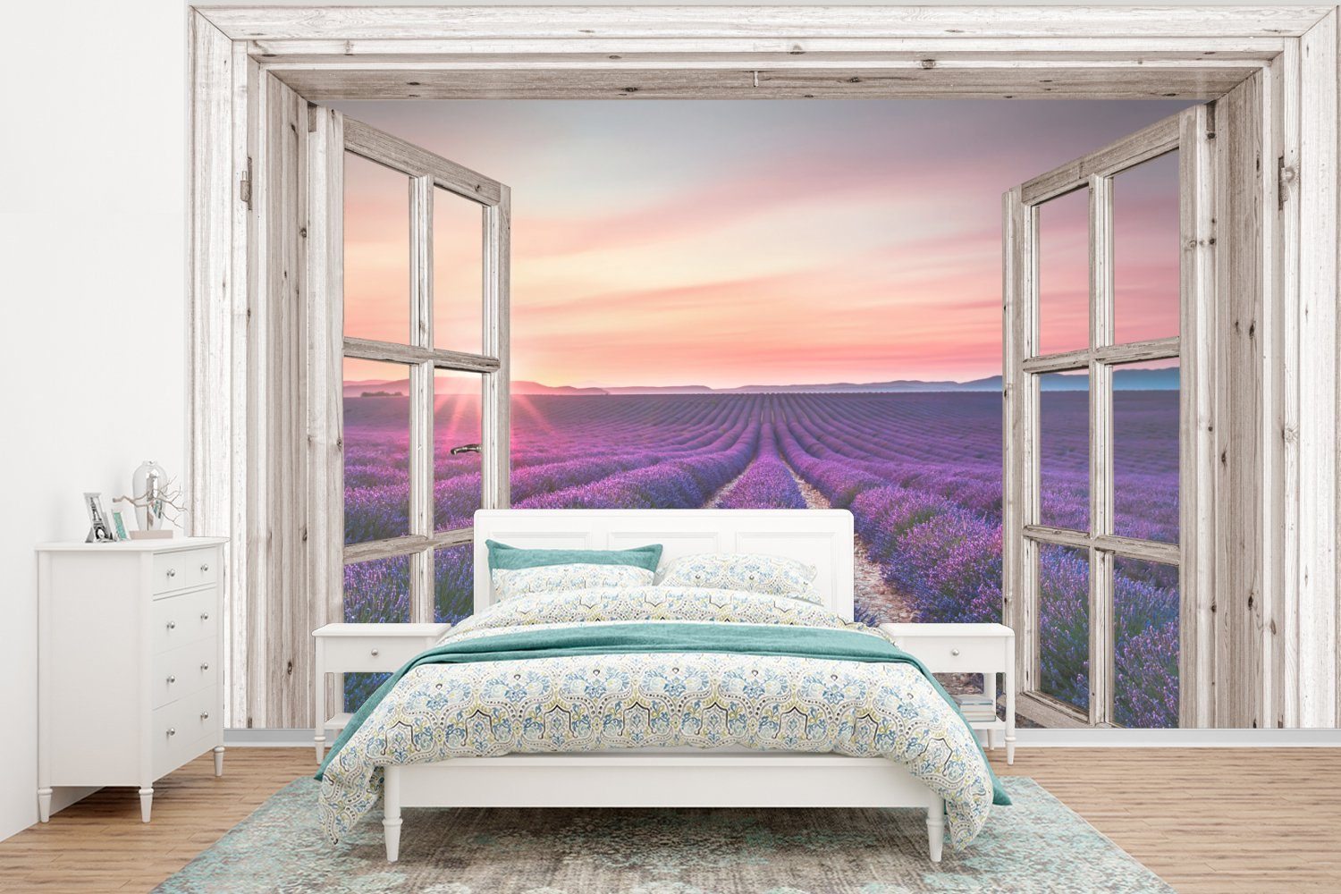 MuchoWow Fototapete Durchsichtig - Lavendel - Blumen - Holz - Sonnenuntergang - Lila, Matt, bedruckt, (6 St), Wallpaper für Wohnzimmer, Schlafzimmer, Kinderzimmer, Vinyl Tapete