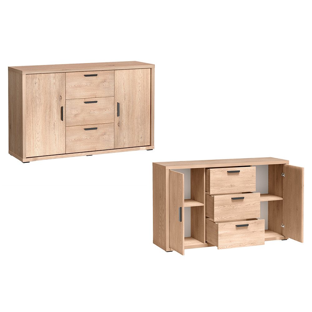 Lomadox Wohnzimmer-Set GENOVA-161, (Mega-Spar-Set, 3-St., Lowboard Highboard Sideboard), Wohnwand in Eiche mit viel Stauraum & Softclose-Funktion