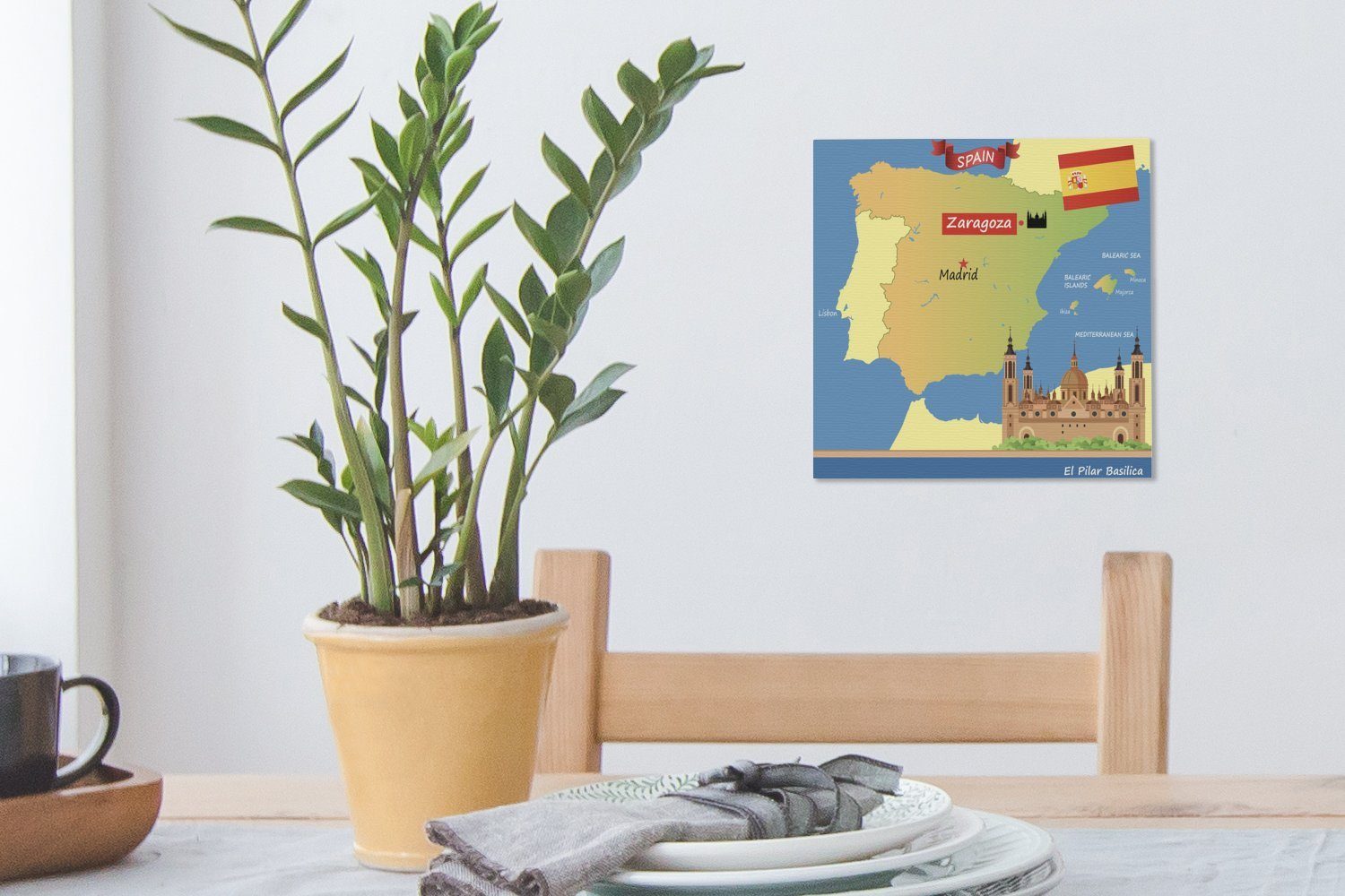 OneMillionCanvasses® Leinwandbild Illustration der für Spanien Wohnzimmer Bilder von mit Karte (1 Schlafzimmer Leinwand Zaragoza, St)