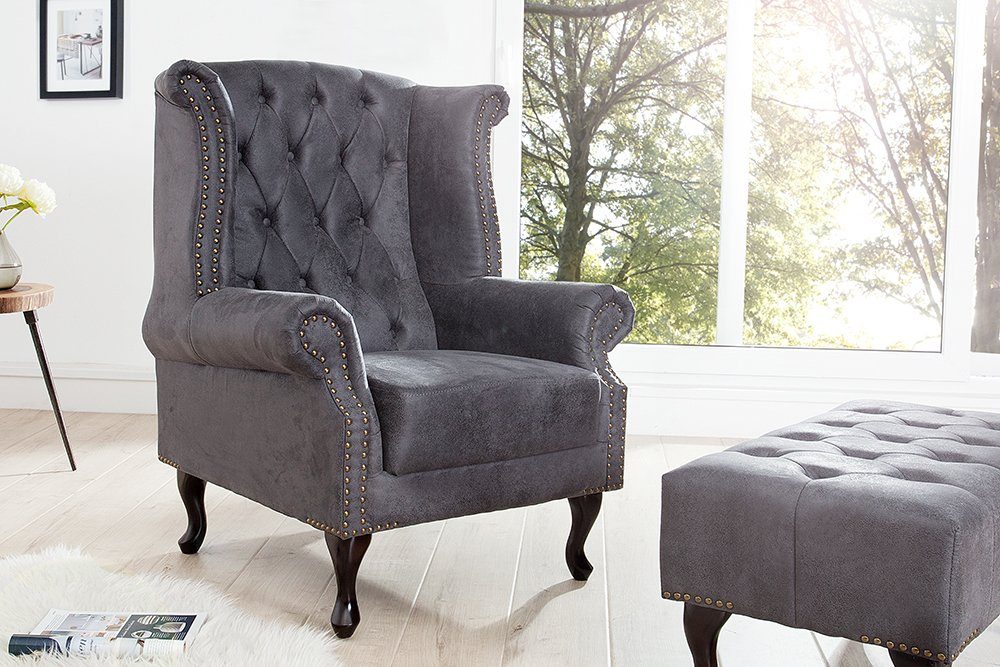 riess-ambiente Ohrensessel CHESTERFIELD 85cm antik grau (Einzelartikel, 1-St), Wohnzimmer · Microfaser · Holz · Relax · Schlafzimmer – Bild 5 von 5