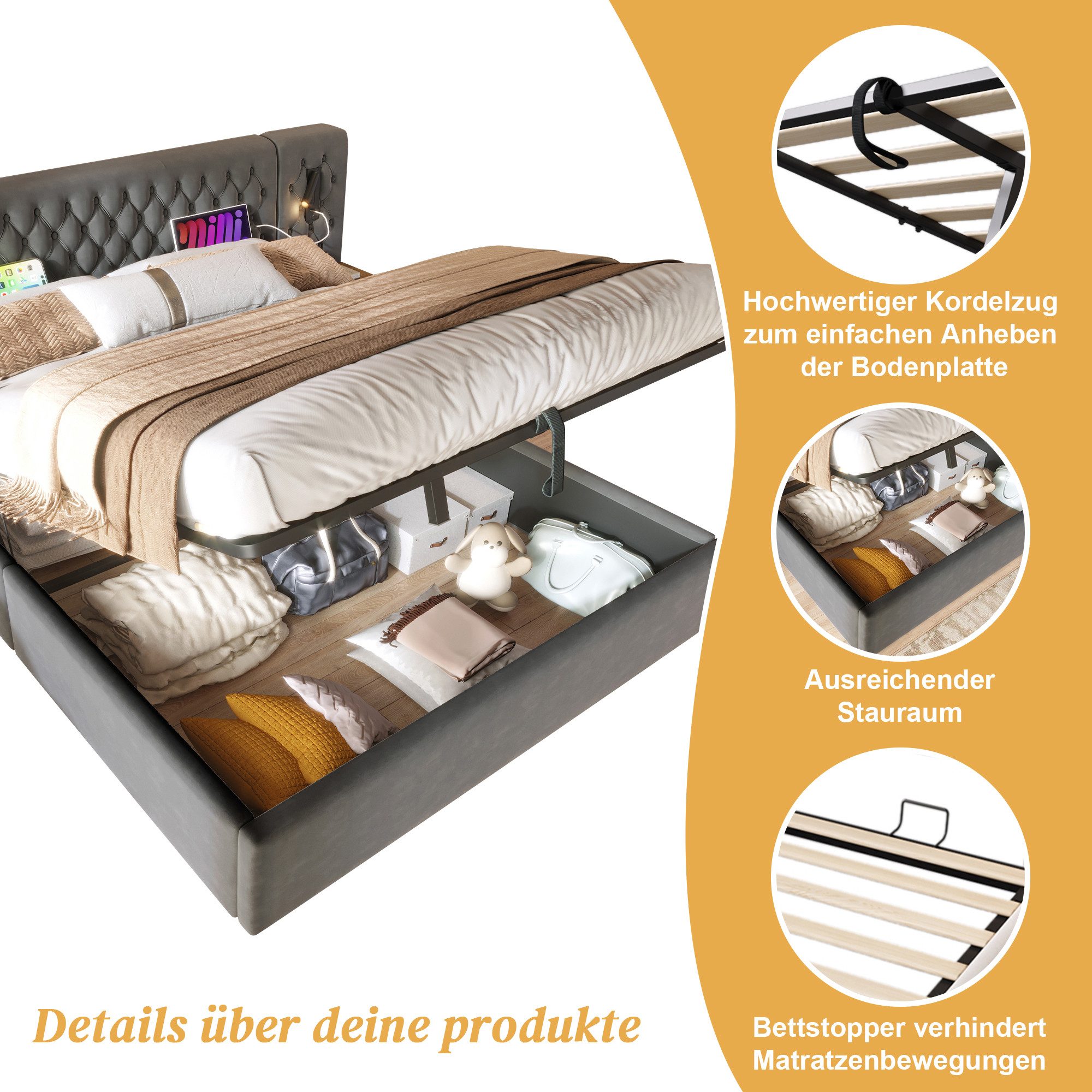 STILVORA Polsterbett Stauraumbett 160×200 Doppelbett Jugendbett mit Nachtti günstig online kaufen