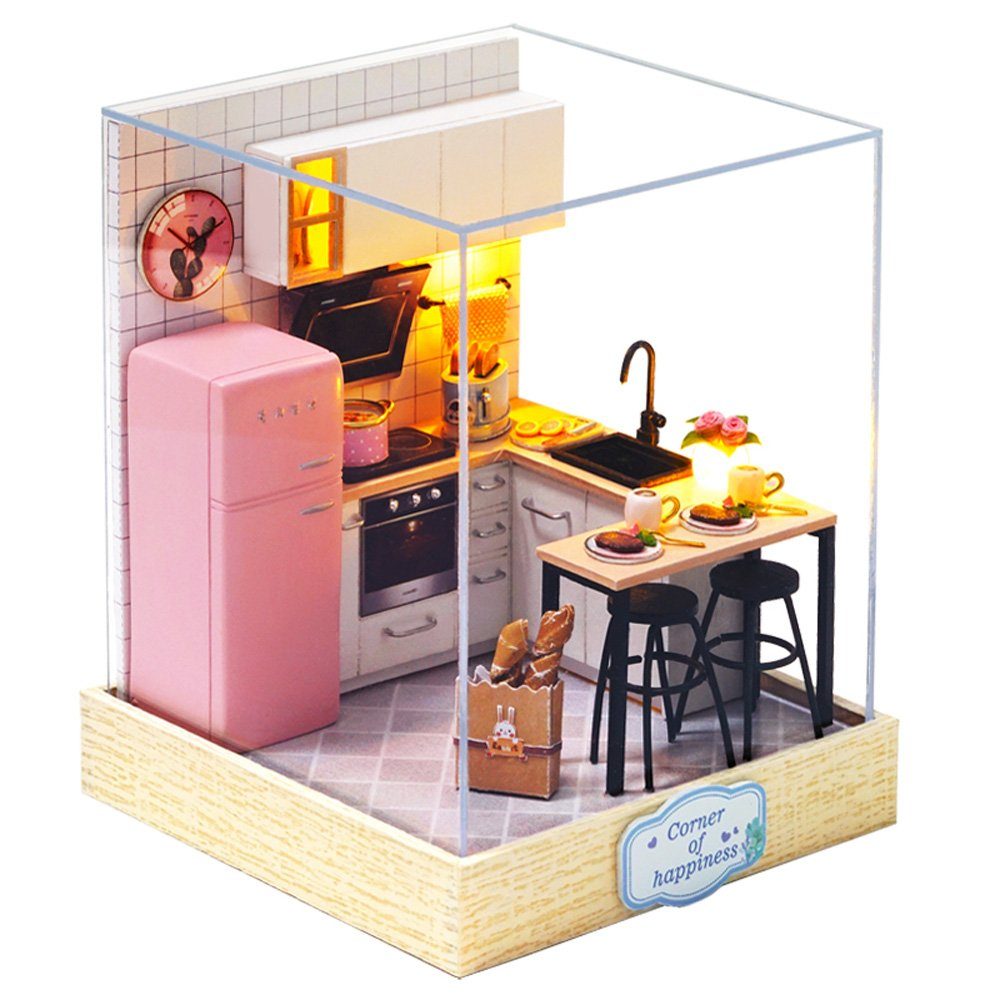 Küche, 1:24, zum Szenen Puzzleteile, 3D-Puzzle, basteln-Serie-Mini hölzernes Modellbausatz Cute Mini Puppenhaus Room mit Möbeln DIY Miniaturhaus Miniatur 3D-Puzzle