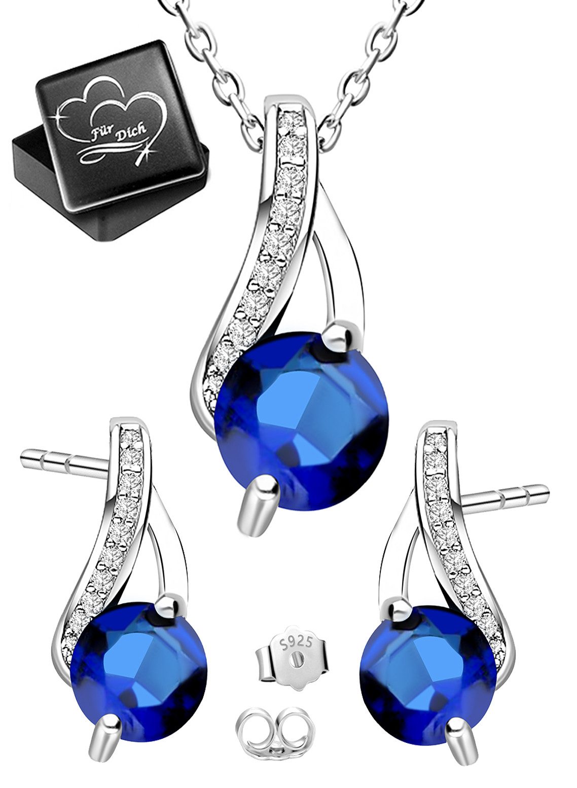 Limana Schmuckset 925 Silber blau Ohrstecker mit Halskette Anhänger Schmuck für Damen (inkl. Schmuckbox), Ohrringe Geschenk Set für Sie Ehefrau Partnerin Freundin Mutter Frauen