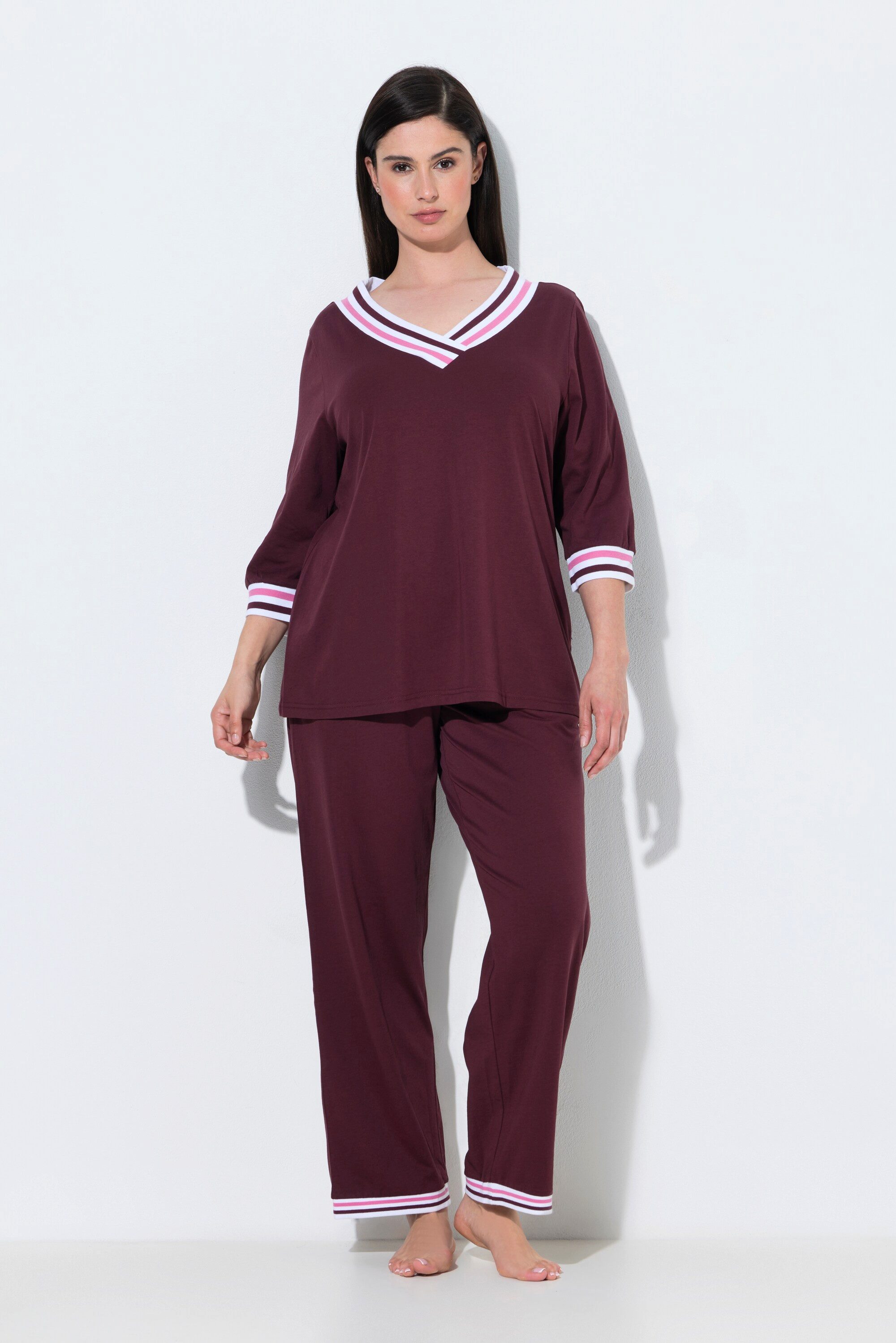 Ulla Popken Pyjama Pyjama Streifendetails V-Ausschnitt 3/4-Arm