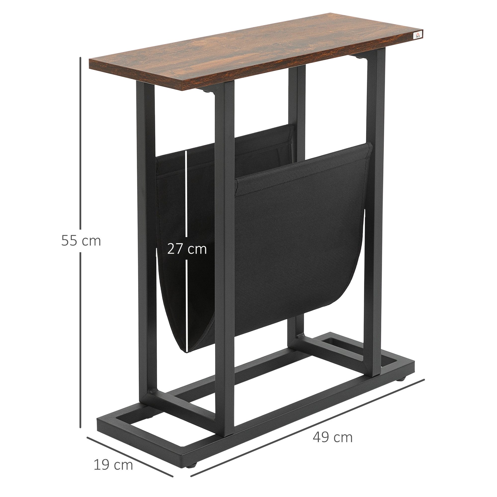 HOMCOM Beistelltisch Nachttisch mit Stofftasche, mit Stahlrahmen, Wohnzimmertisch (Kaffeetisch, 1-St., Couchtisch), Dunkelbraun+Schwarz, 49 x 19 x 55 cm – Bild 3 von 5