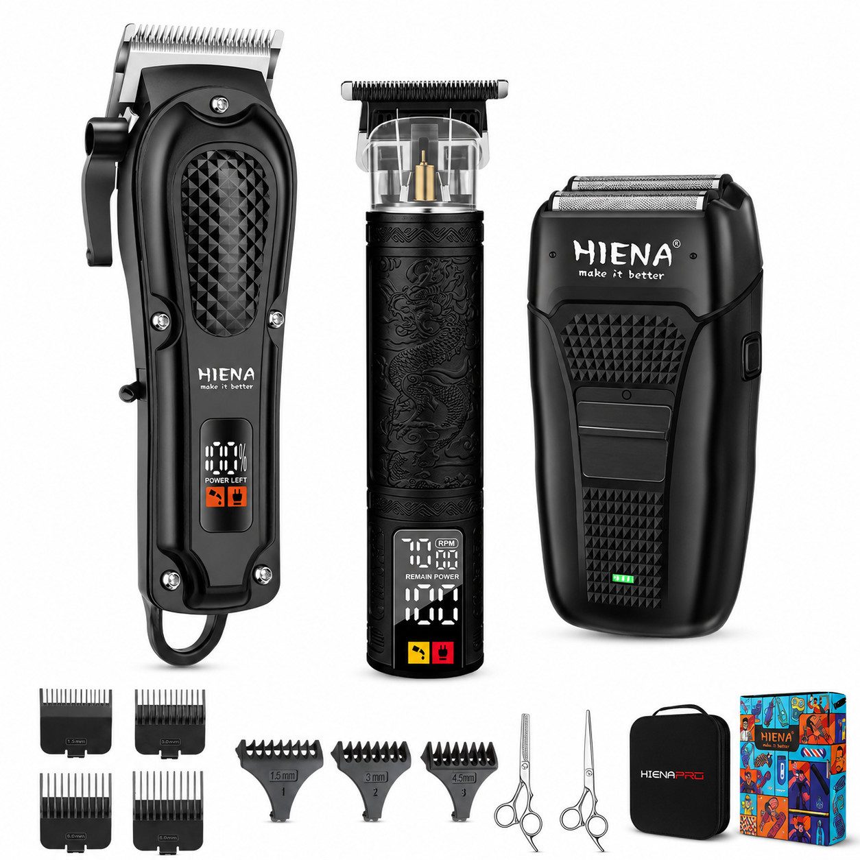 Fyrove Haarschneider Herren, Barber Set, Präzisionstrimmer, Elektrorasierer, Pflegeset für Bart, Körper und Konturen, mit Tasche für Heim & Salon, 3 Geräte, 8 Aufsteckkämme, Digitalanzeigen, EVA-Tasche, USB-Laden