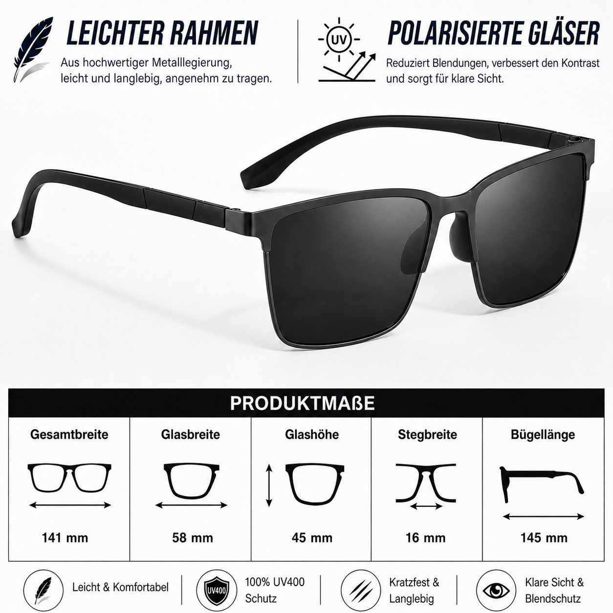 ibettertec Sonnenbrille Herren polarisierte Sonnenbrille Metallgestell UV400 Kat.3 Sportbrille (Herren Polarisierte Sonnenbrille Metallgestell UV400 Kategorie 3 Sportbrille für Autofahren Angeln Wandern)