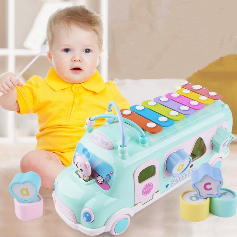 Fivejoy Spielzeug-Bus Schulbus-Babyspielzeug, Klaviermusik-Bus, Spielzeug, (Kleinkind für 1–3 Jahre, Form-Puzzles, Klopfendes Klavier, pädagogisches Musikspielzeug), Geschenke für 1 Jahr, Junge und Mädchen, Weihnachten, Geburtstag