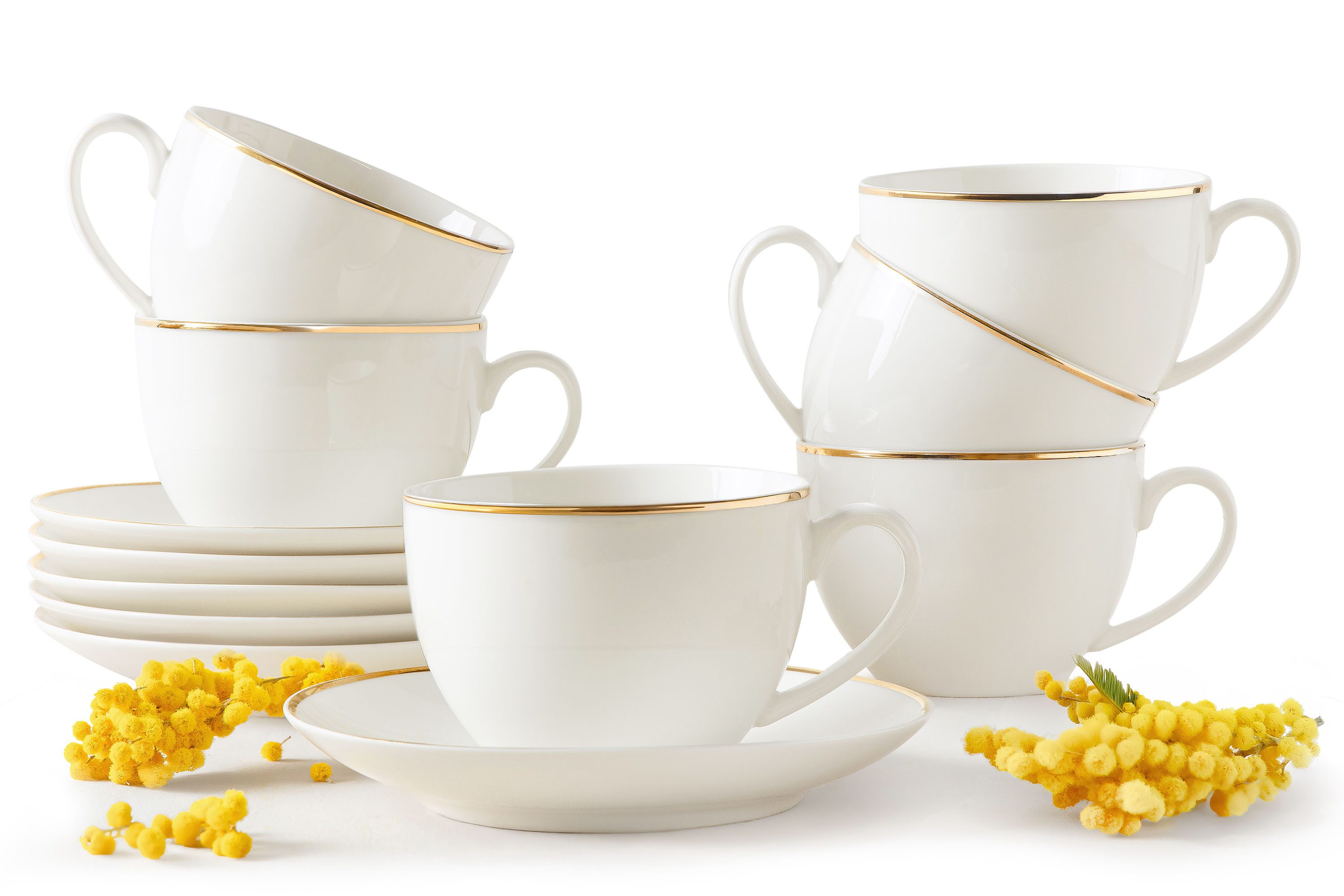 KONSIMO® Kaffeeservice AD BELLA Kaffeetassen-Set, Tassen mit Untertasse, Hartporzellan (12-tlg), 6 Personen, Porzellan, ecru Farbe mit Goldlinie, Handwäsche empfohlen, zeitloses Design