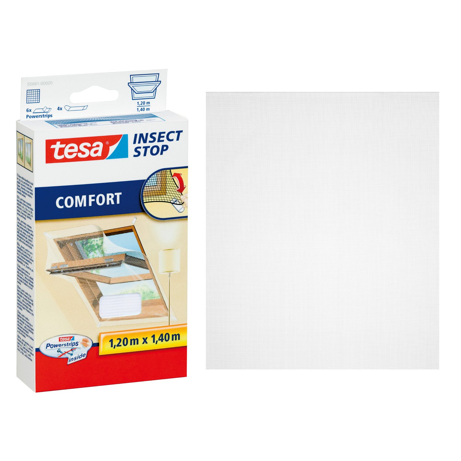 tesa Fliegengitter-Gewebe Insect Stop Comfort Fliegengitter für Fenster - 1.2 m : 1.4 m, (Packung, 1-St., Fliegennetz, Klettband), Insektenschutzgitter für Dachfenster - individuell zuschneidbar -weiß