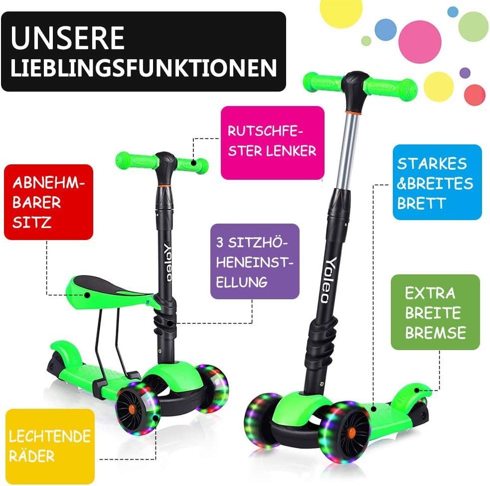YOLEO Scooter 3 in 1 Kinder Roller Scooter mit Sitz LED Räder ab 2 Jahre