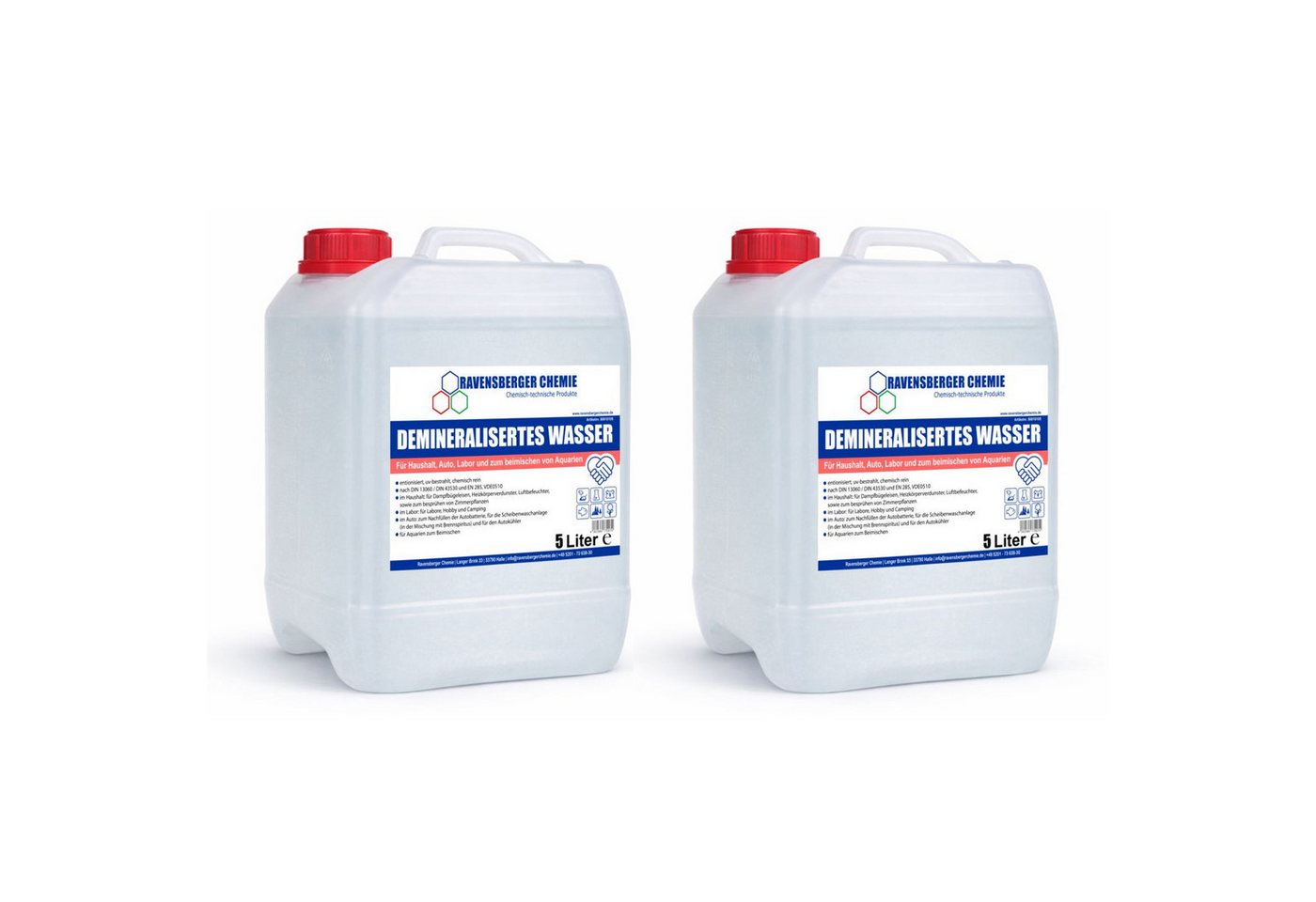 Ravensberger Chemie Bügelwasser VE-Wasser Demineralisiertes Wasser - 5 L, 2x 5 Liter Kanister von Ravensberger Chemie -, kalkfrei für Auto, Batterie, Haushalt, Dampfbügeleisen und Labor
