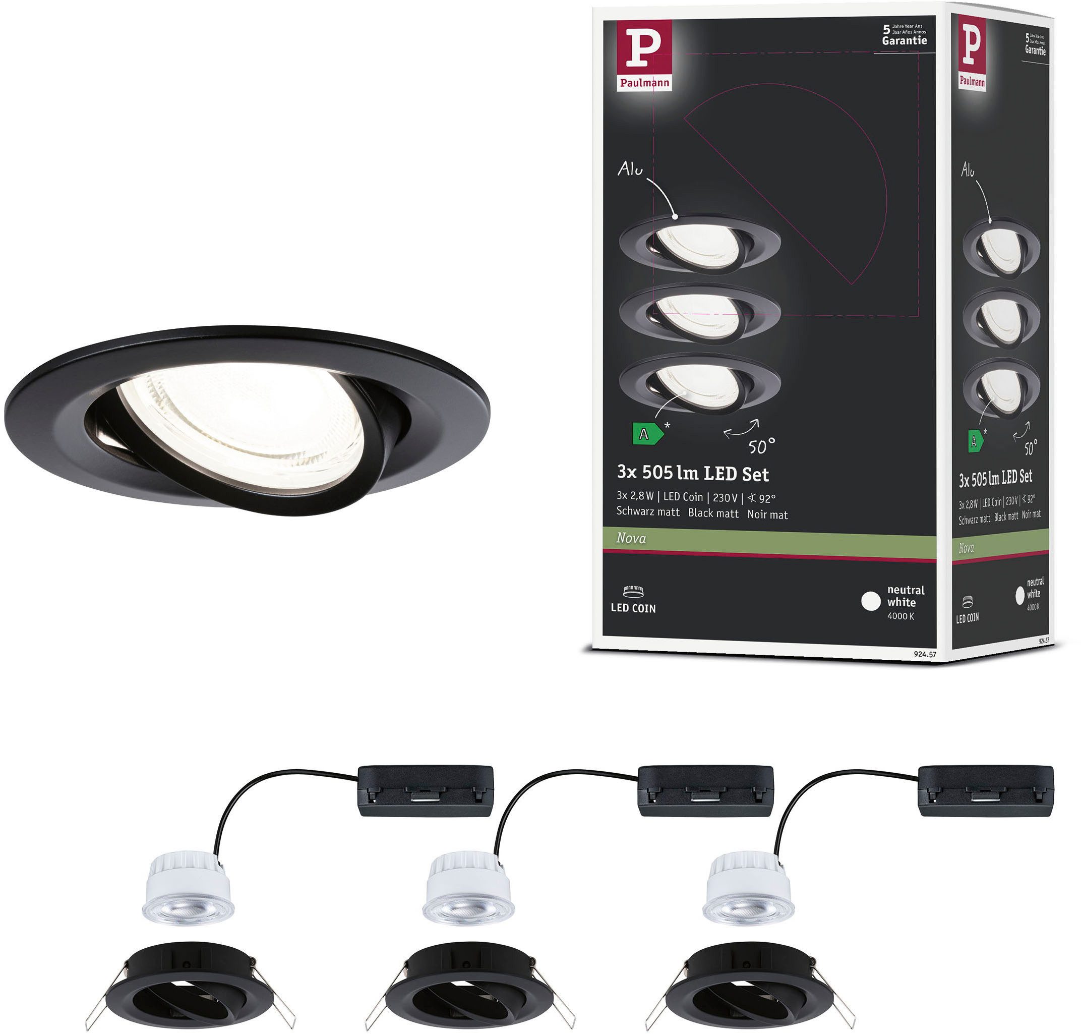 Paulmann LED Einbauleuchte LED Einbauleuchte Nova Coin rund 84mm 50°, LED fest integriert, Neutralweiß
