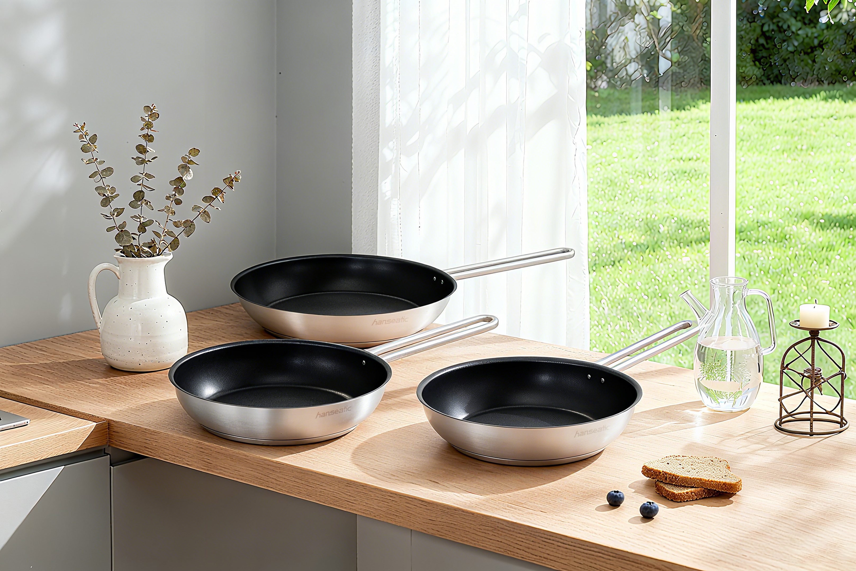 Hanseatic Pfannen-Set DAILY, Edelstahl 18/10 (Set, 3-tlg., 1x Pfanne Ø 20 cm, 24 cm und 28 cm), Bratpfannen mit Antihaftbeschichtung, für alle Herdarten, Induktion