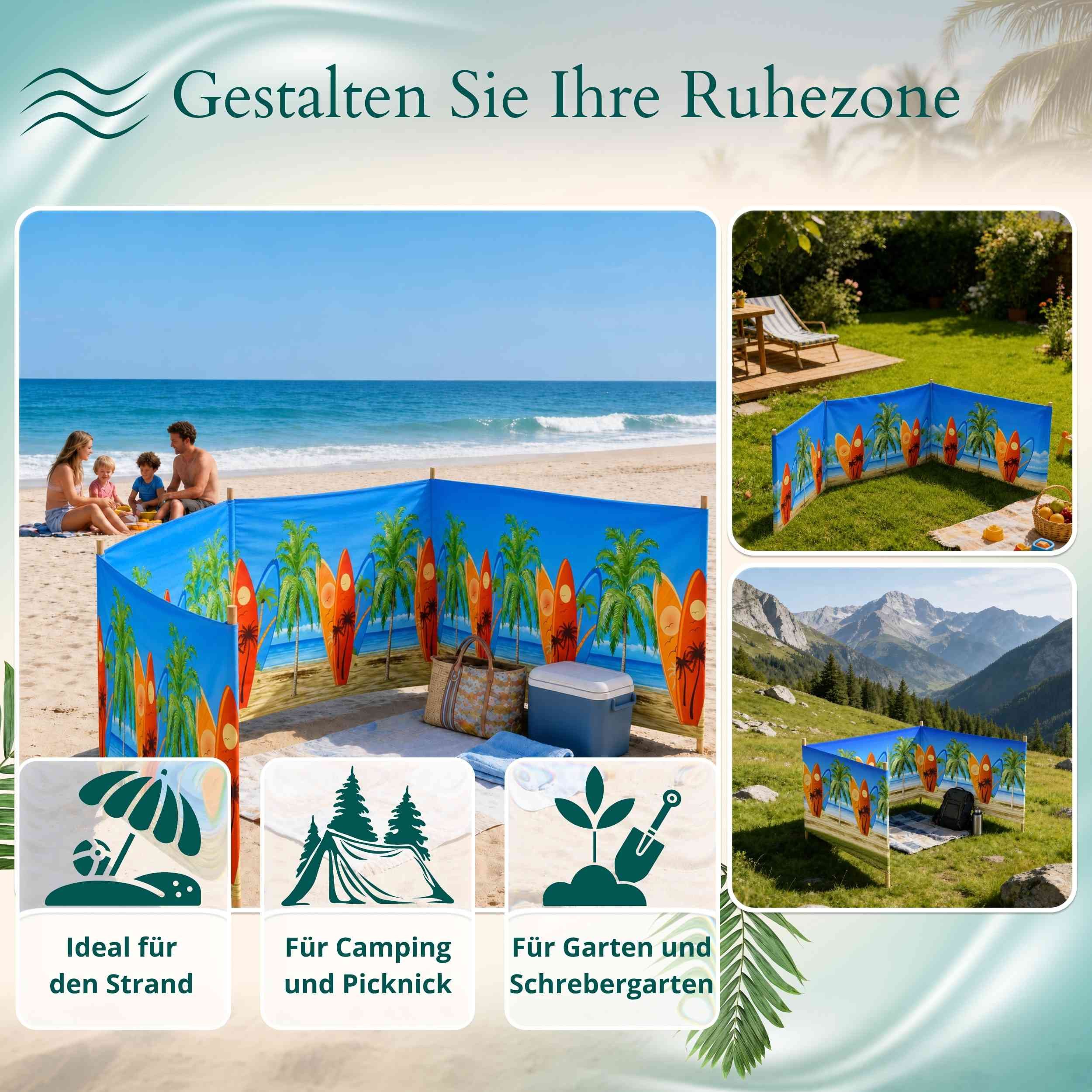 Lantigo Windschutz Sichtschutz Sonnenschutz Strandparavent aus Mikrofaser – portabel, (Surfbrett, Länge: 4 m), - Faltbarer Sonnenschutz für Strand, Camping & Ga – Bild 5 von 5