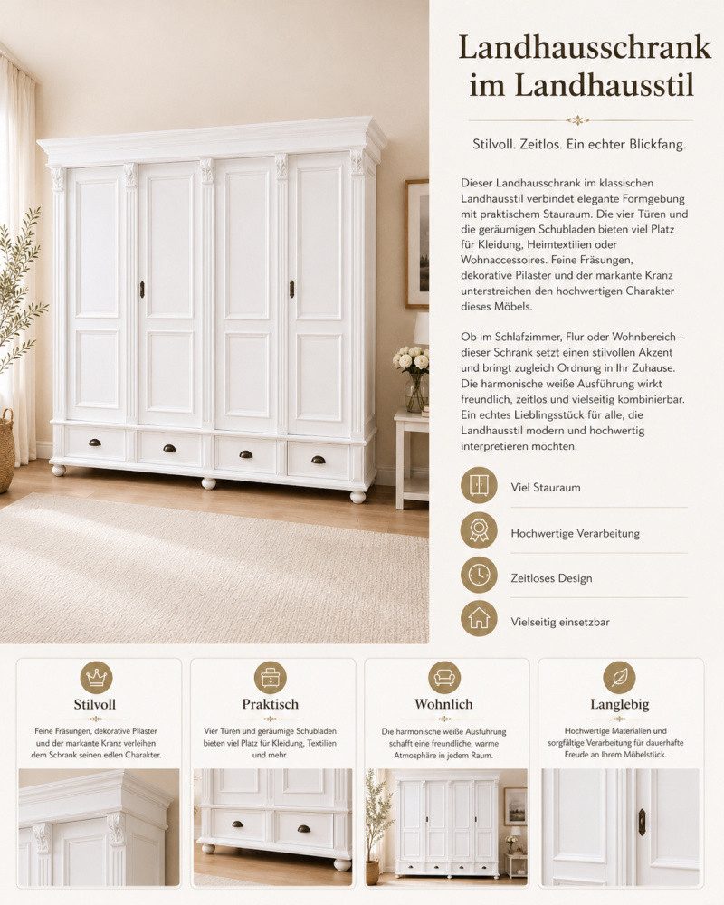 Wohnpalast Kleiderschrank Premium Landhaus Schrank 4 Türig Massivholz zerlegbar Kleiderschrank
