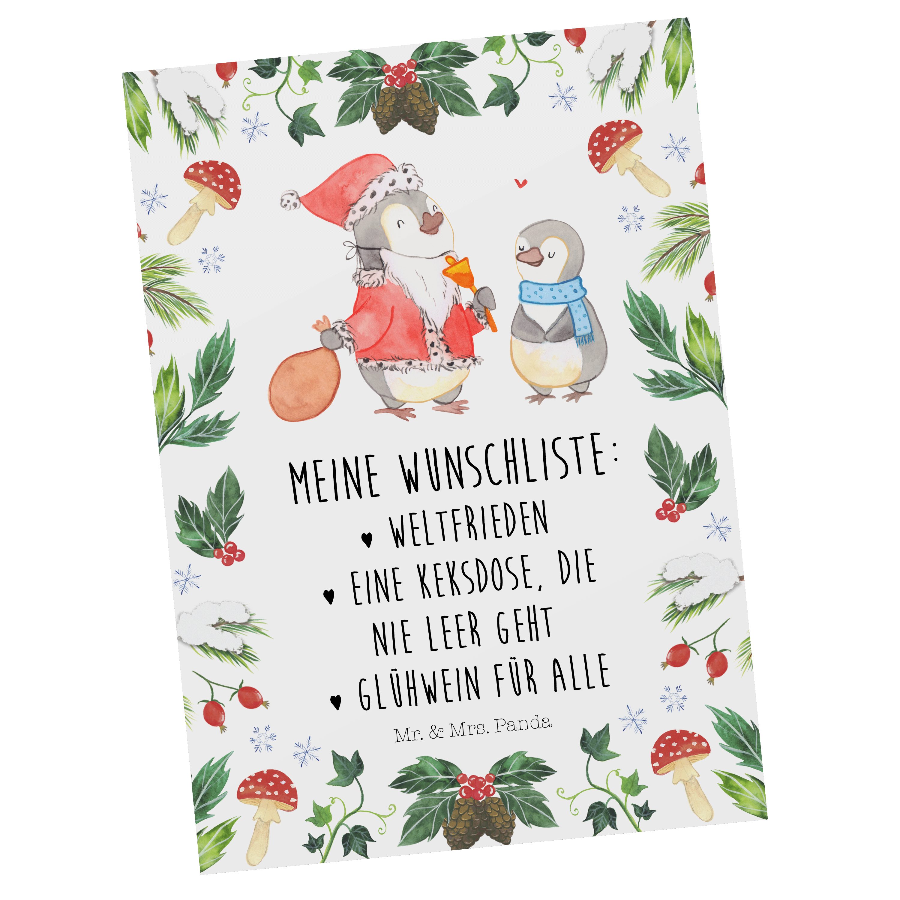 Mr. & Mrs. Panda Postkarte Pinguin Wunschliste - Weiß - Geschenk, Dankeskarte, Geburtstagskarte