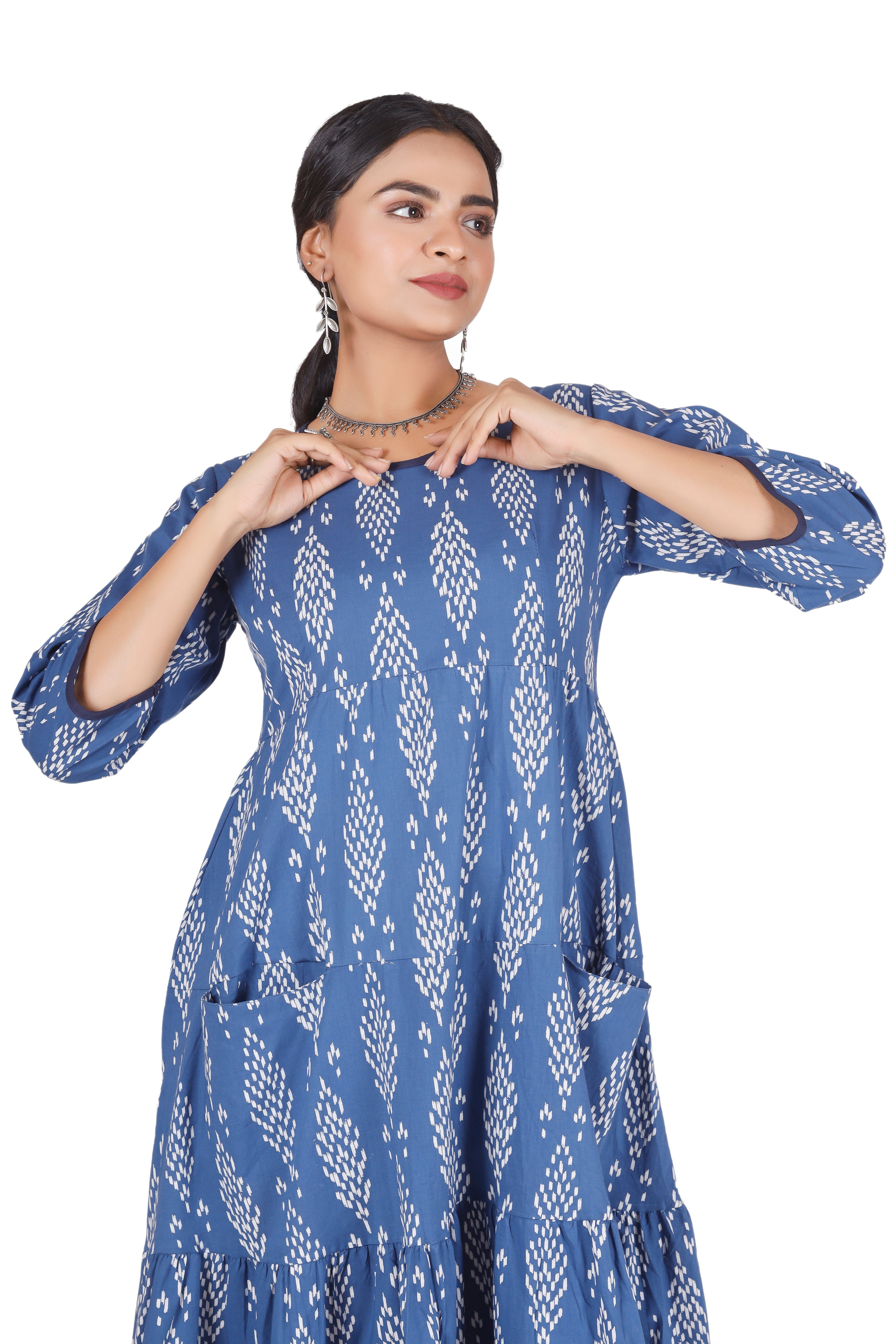 bedrucktes wadenlanges Kleid.. Bekleidung Guru-Shop alternative Boho Sommerkleid, Midikleid indigo