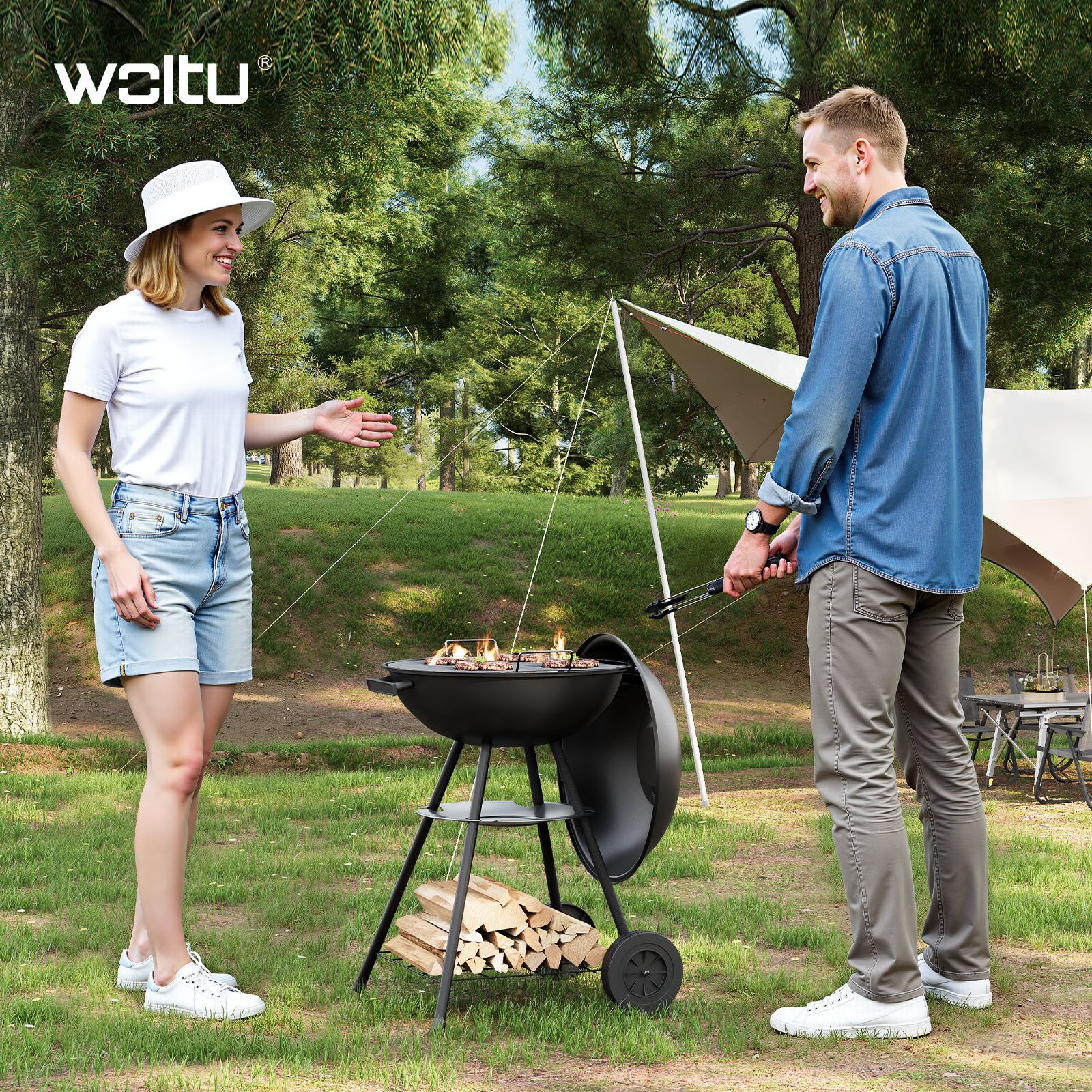 Woltu Holzkohlegrill, Holzkohle Barbecue Grill mit Räder für Garten Camping