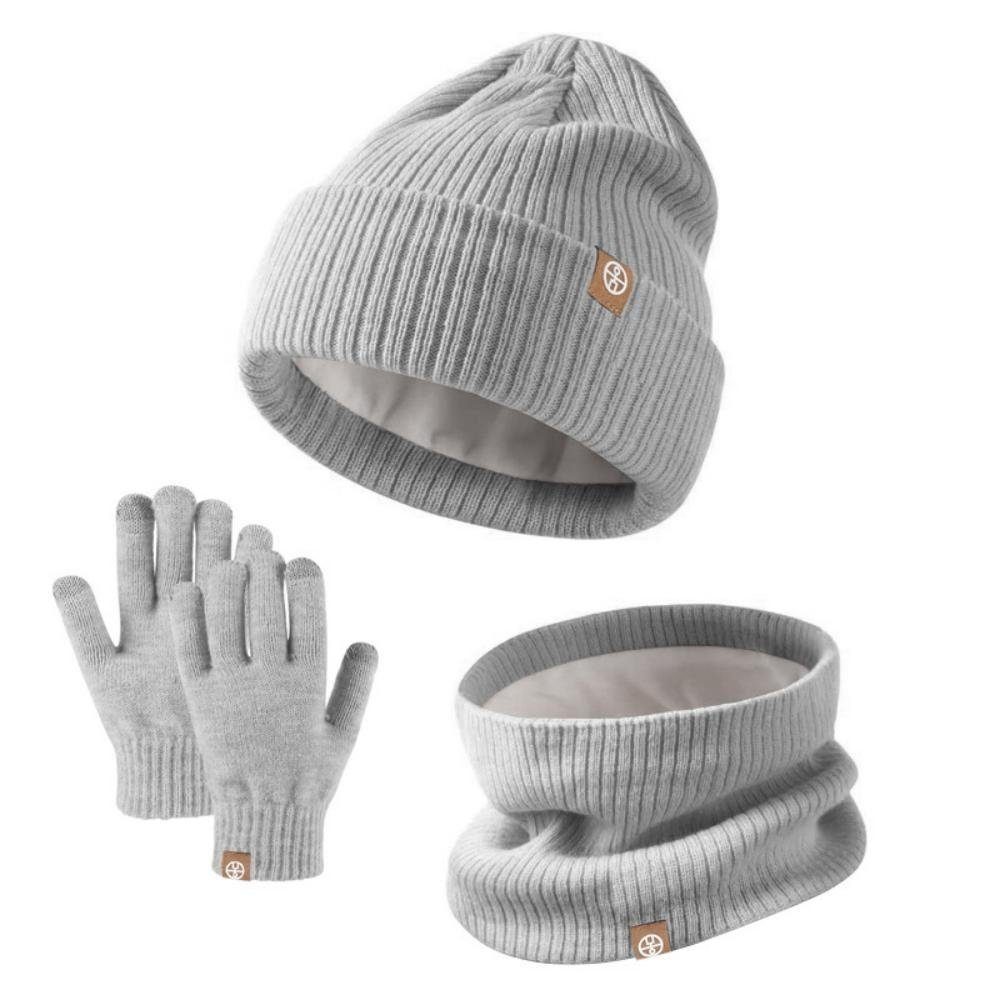 LENBEST Mütze & Schal 3in1 Handschuhe Schal Wintermütze Set (3-tlg) grau Kinder (3-tlg)